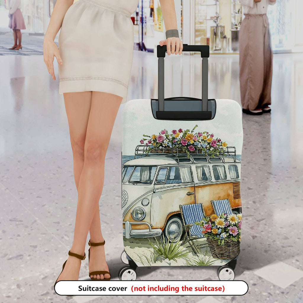 1-Piece Floral Beach Van Retro Nature Colorful  Suitcase Luggage Cover, Stretch Protective Sleeve