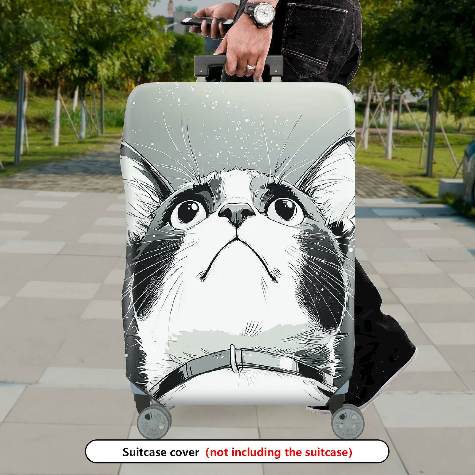 1-Piece Cute Cat Print Artistic Monochrome Stylish Graphic Unique  Suitcase Luggage Cover, Stretch Protective Sleeve