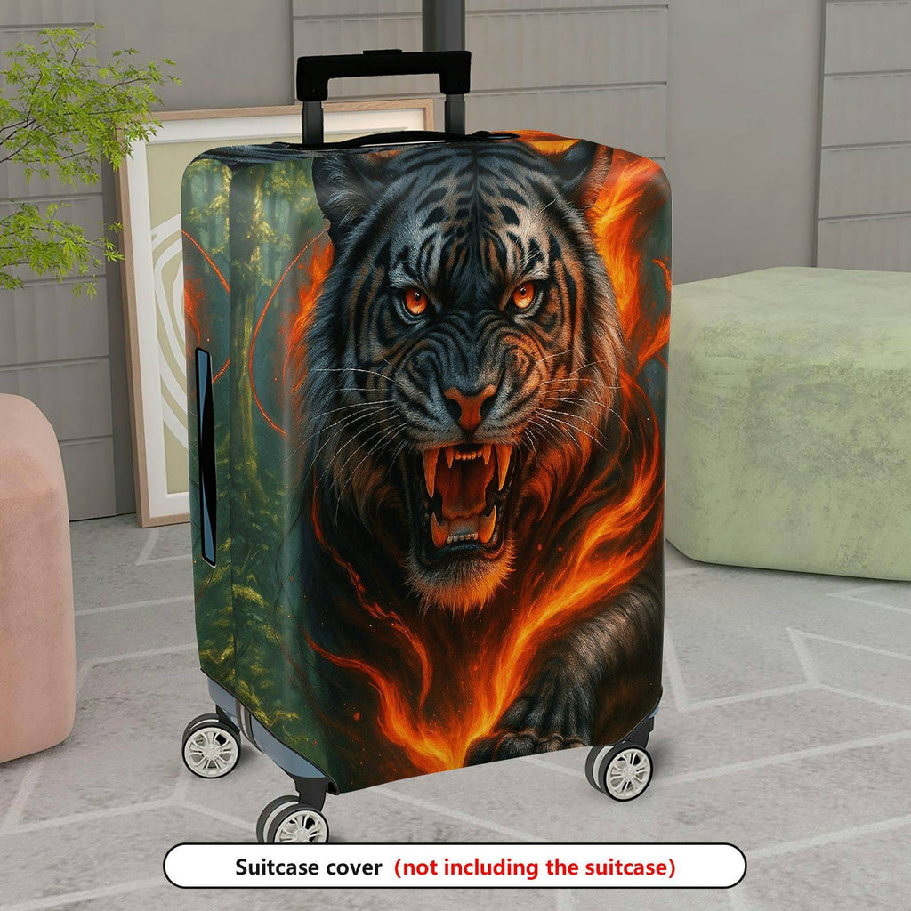 1-Piece Fierce Tiger Flaming Forest Artistic Wildlife  Suitcase Luggage Cover, Stretch Protective Sleeve