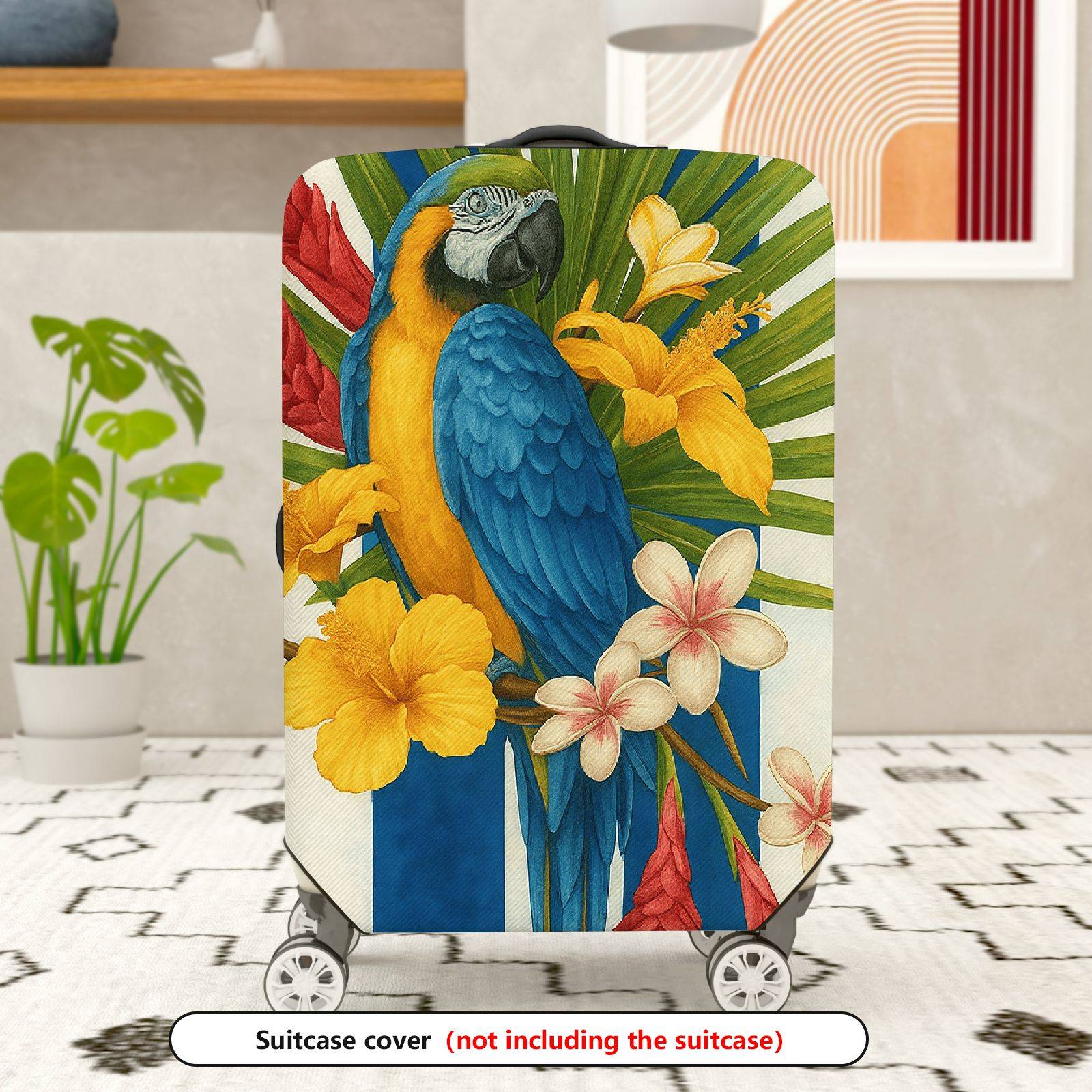 1-Piece Tropical Parrot Floral Stripe Colorful  Suitcase Luggage Cover, Stretch Protective Sleeve