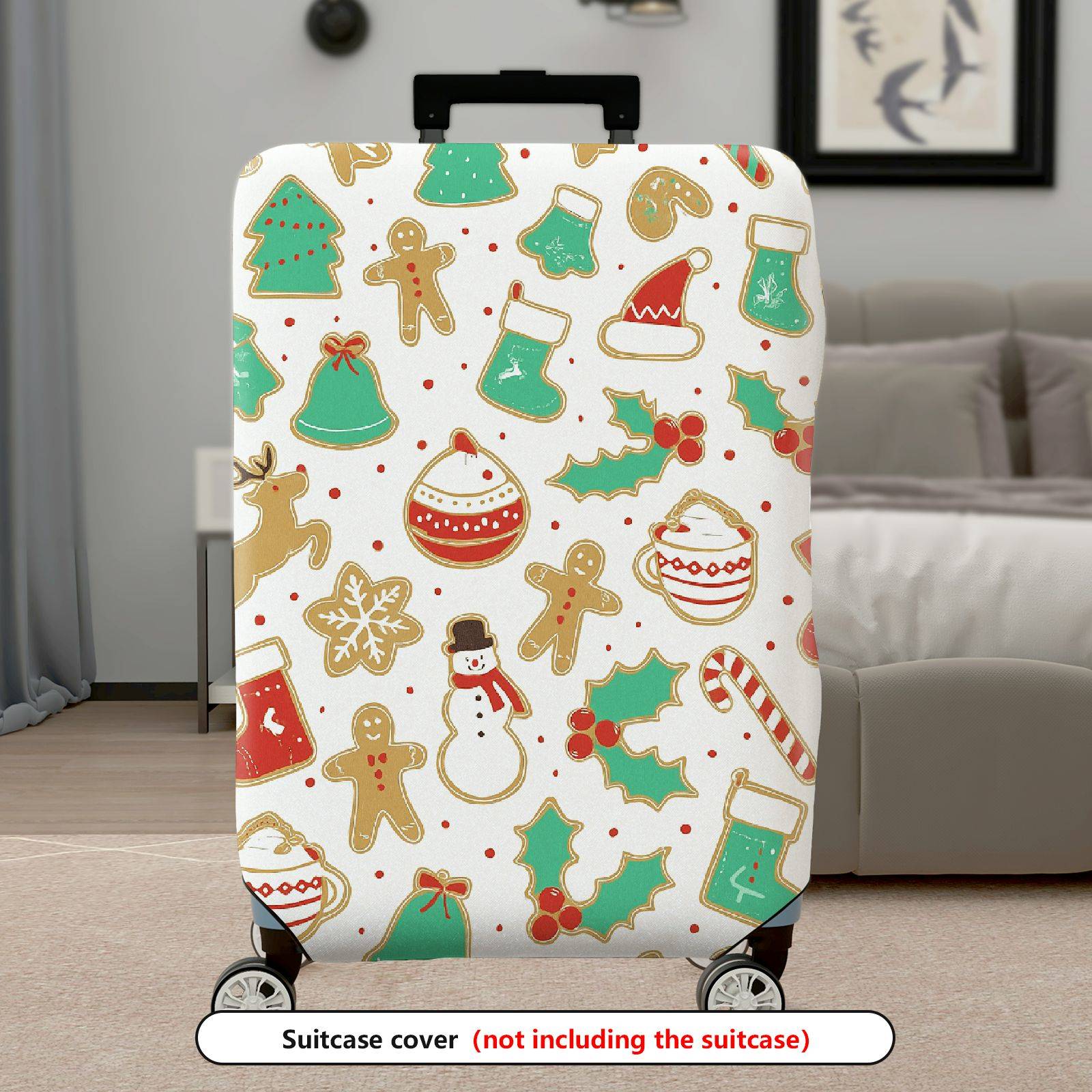 1-Piece Christmas Gingerbread Reindeer Snowman Festive Holiday  Suitcase Luggage Cover, Stretch Protective Sleeve