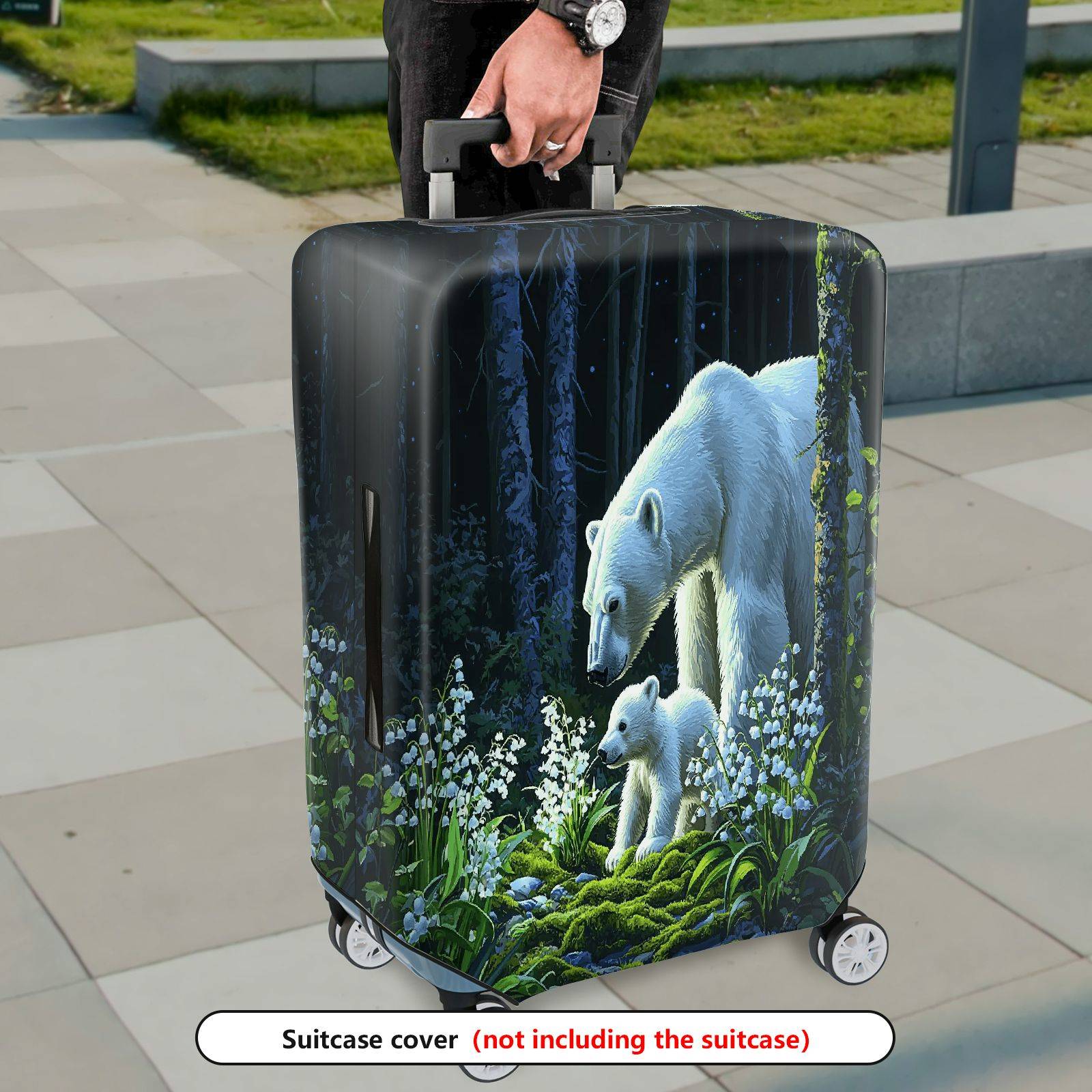 1-Piece Nature Forest Polar Bear Floral Green  Suitcase Luggage Cover, Stretch Protective Sleeve