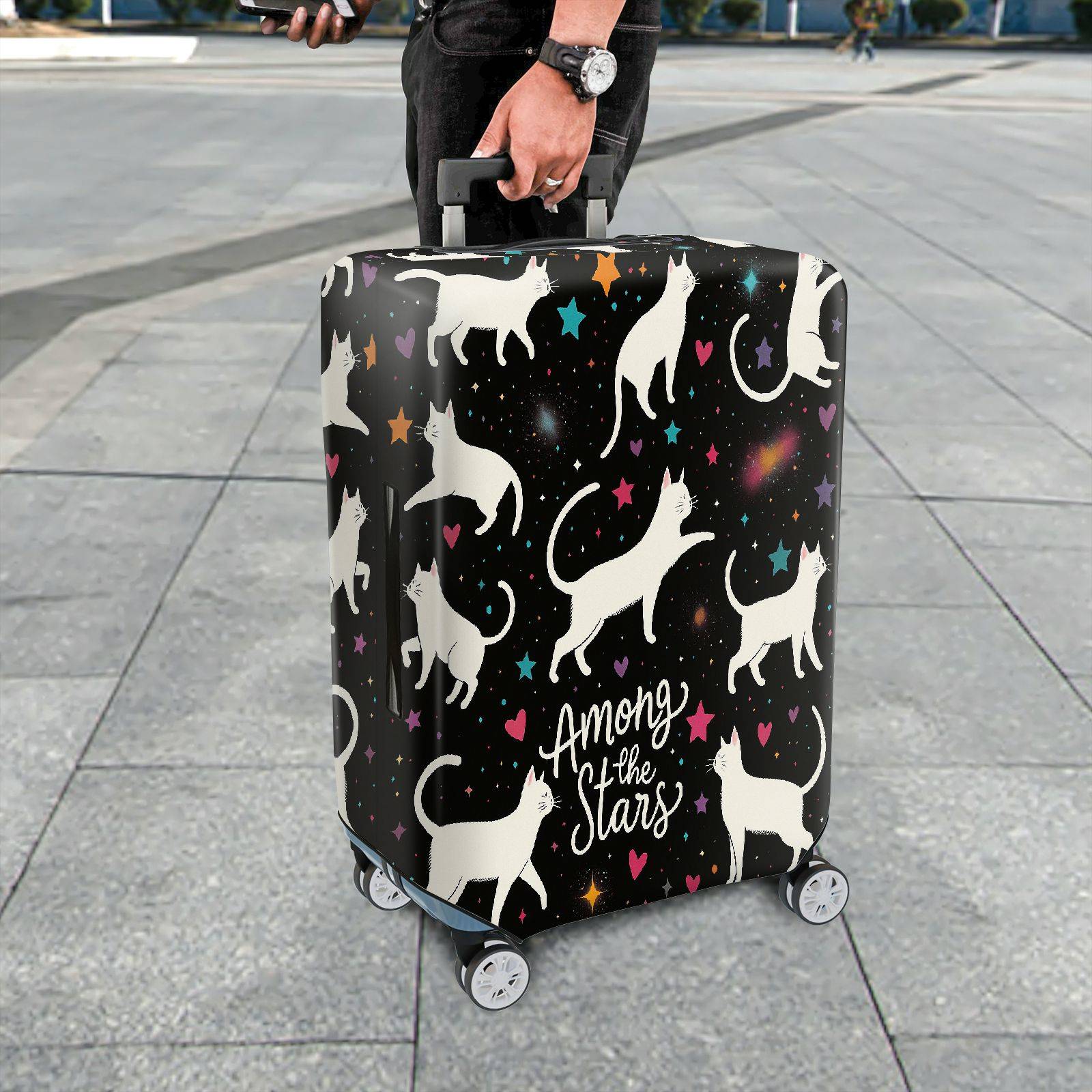 1-Piece Starry Cat Hearts Cosmic Whimsical  Suitcase Luggage Cover, Stretch Protective Sleeve