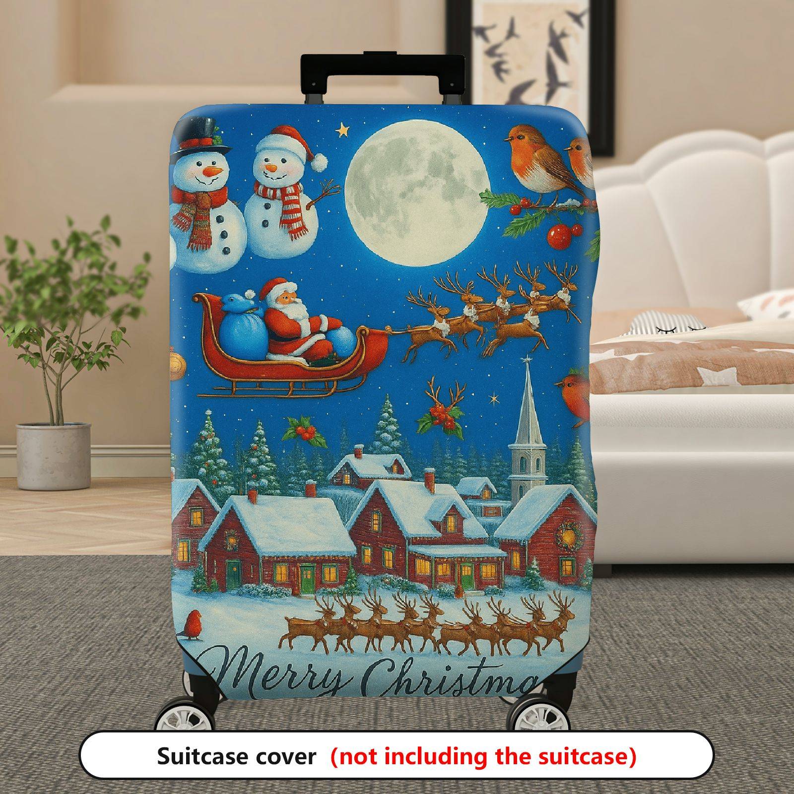 1-Piece Christmas Winter Santa Snowman Reindeer Holiday  Suitcase Luggage Cover, Stretch Protective Sleeve