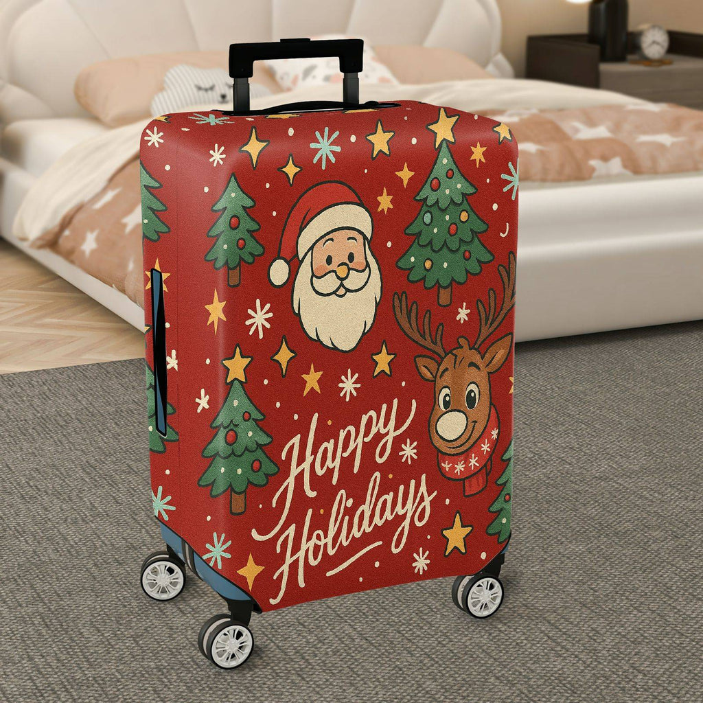 1-Piece Christmas Santa Reindeer Tree Stars Holidays  Suitcase Luggage Cover, Stretch Protective Sleeve