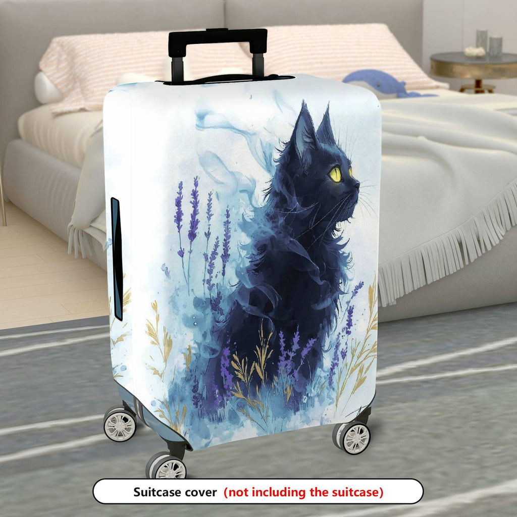 1-Piece Black Cat Lavender Abstract Art Floral  Suitcase Luggage Cover, Stretch Protective Sleeve