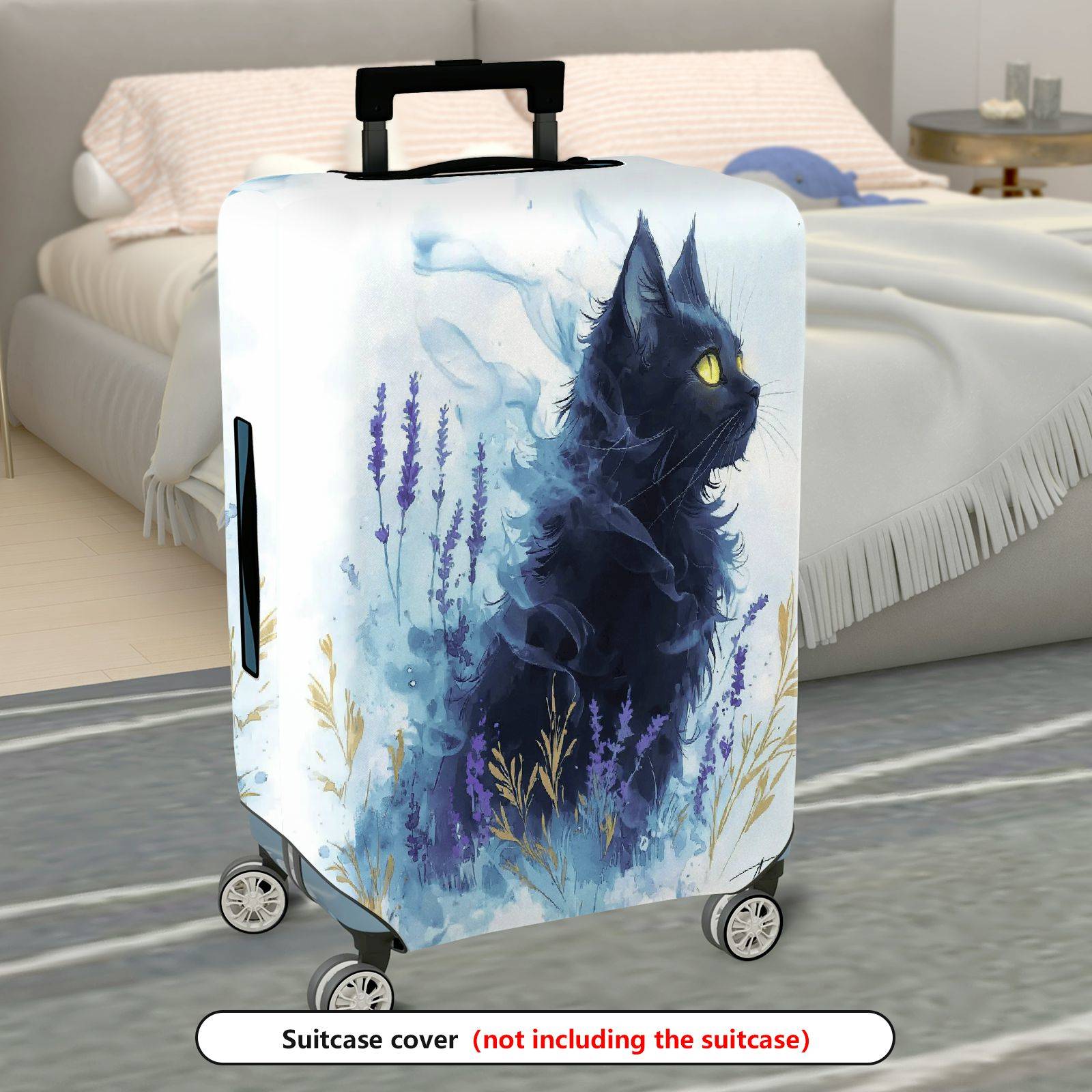 1-Piece Black Cat Lavender Abstract Art Floral  Suitcase Luggage Cover, Stretch Protective Sleeve