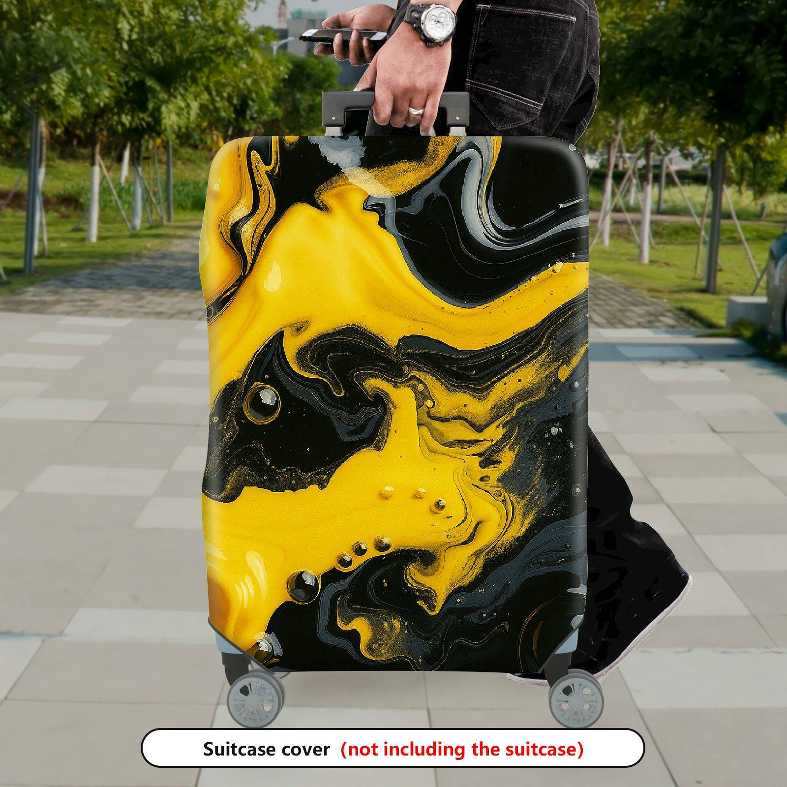1-Piece Abstract Swirl Yellow Black Marble Art  Suitcase Luggage Cover, Stretch Protective Sleeve