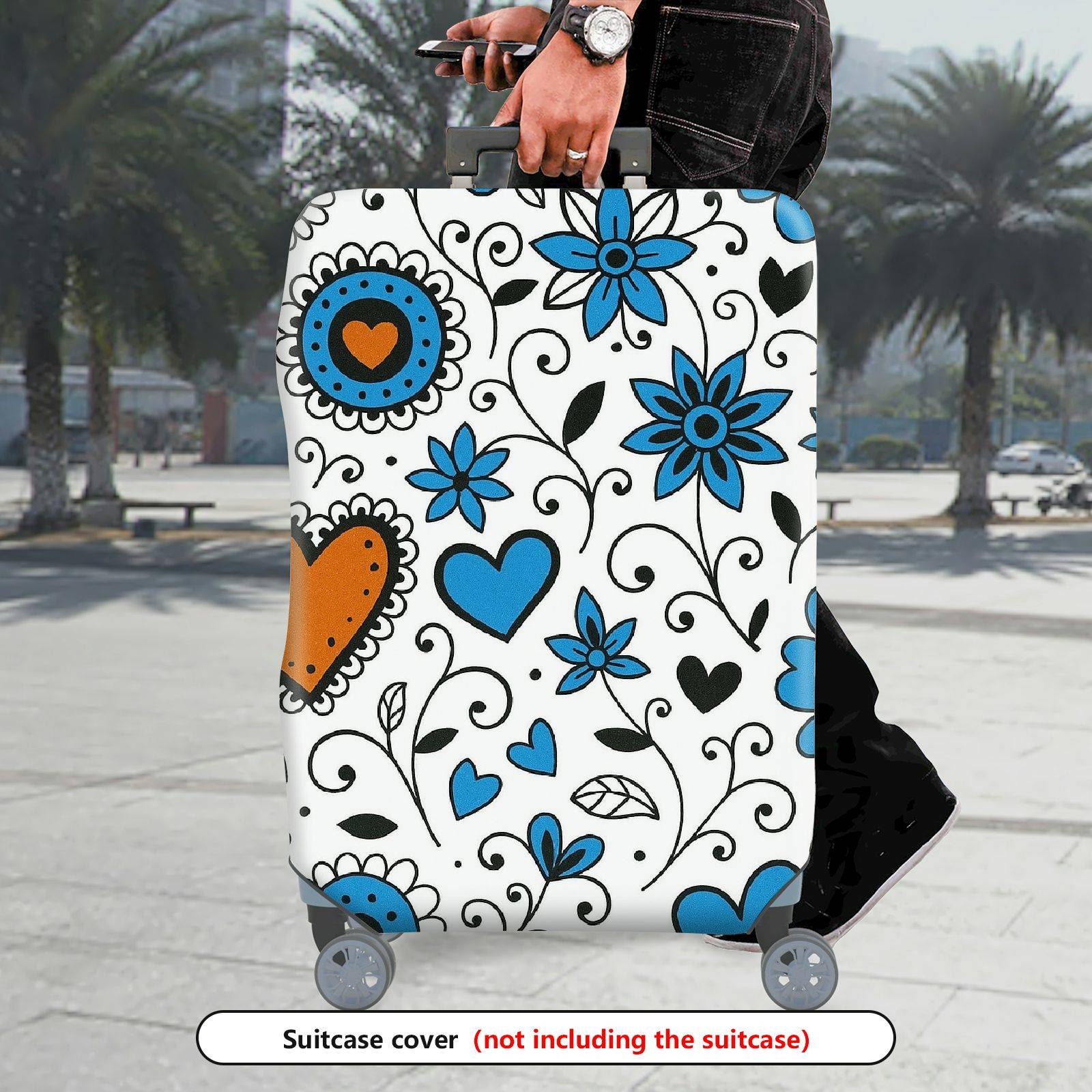 1-Piece Floral Heart Blue White Black Orange  Suitcase Luggage Cover, Stretch Protective Sleeve