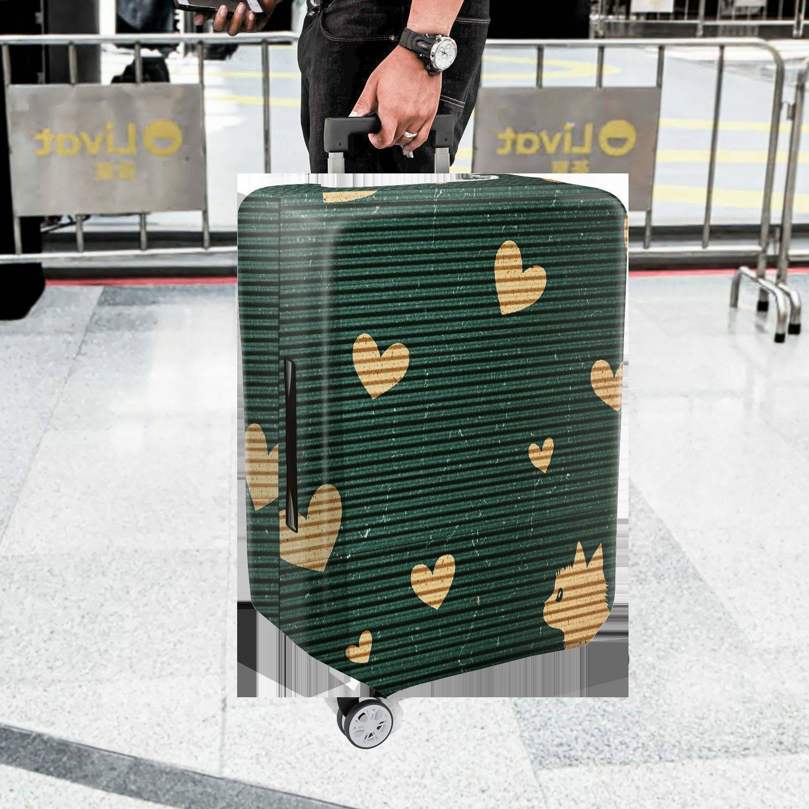 1-Piece Green Striped Heart Cat Fun Cute  Suitcase Luggage Cover, Stretch Protective Sleeve