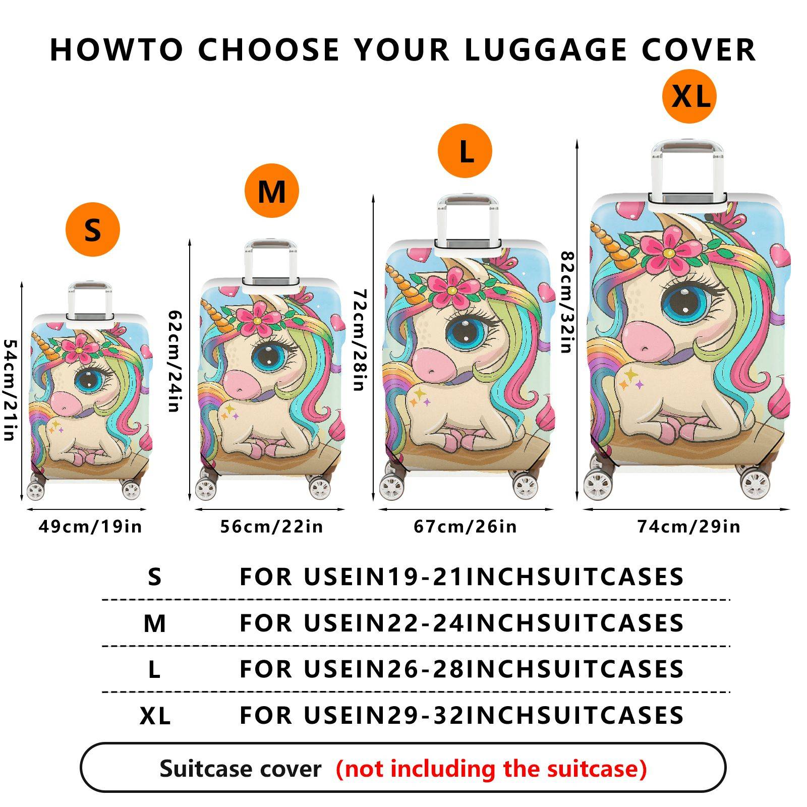 1-Piece Cute Colorful Unicorn Floral Heart Fantasy Rainbow  Suitcase Luggage Cover, Stretch Protective Sleeve