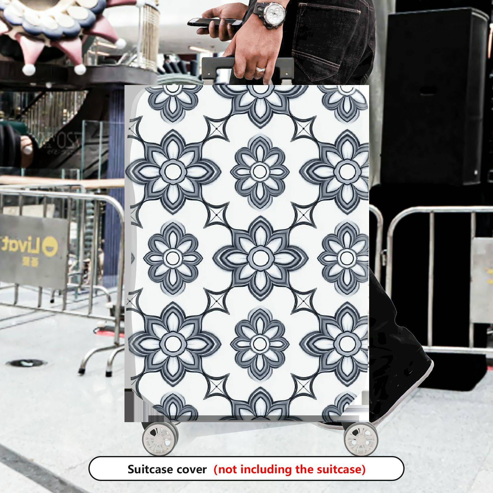 1-Piece Floral Pattern Geometric Black and White Elegant Artistic  Suitcase Luggage Cover, Stretch Protective Sleeve