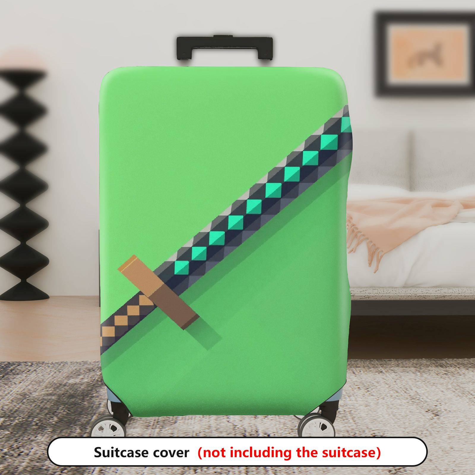 1-Piece Gaming Sword Pixel Art Green Block Geometric Fun  Suitcase Luggage Cover, Stretch Protective Sleeve