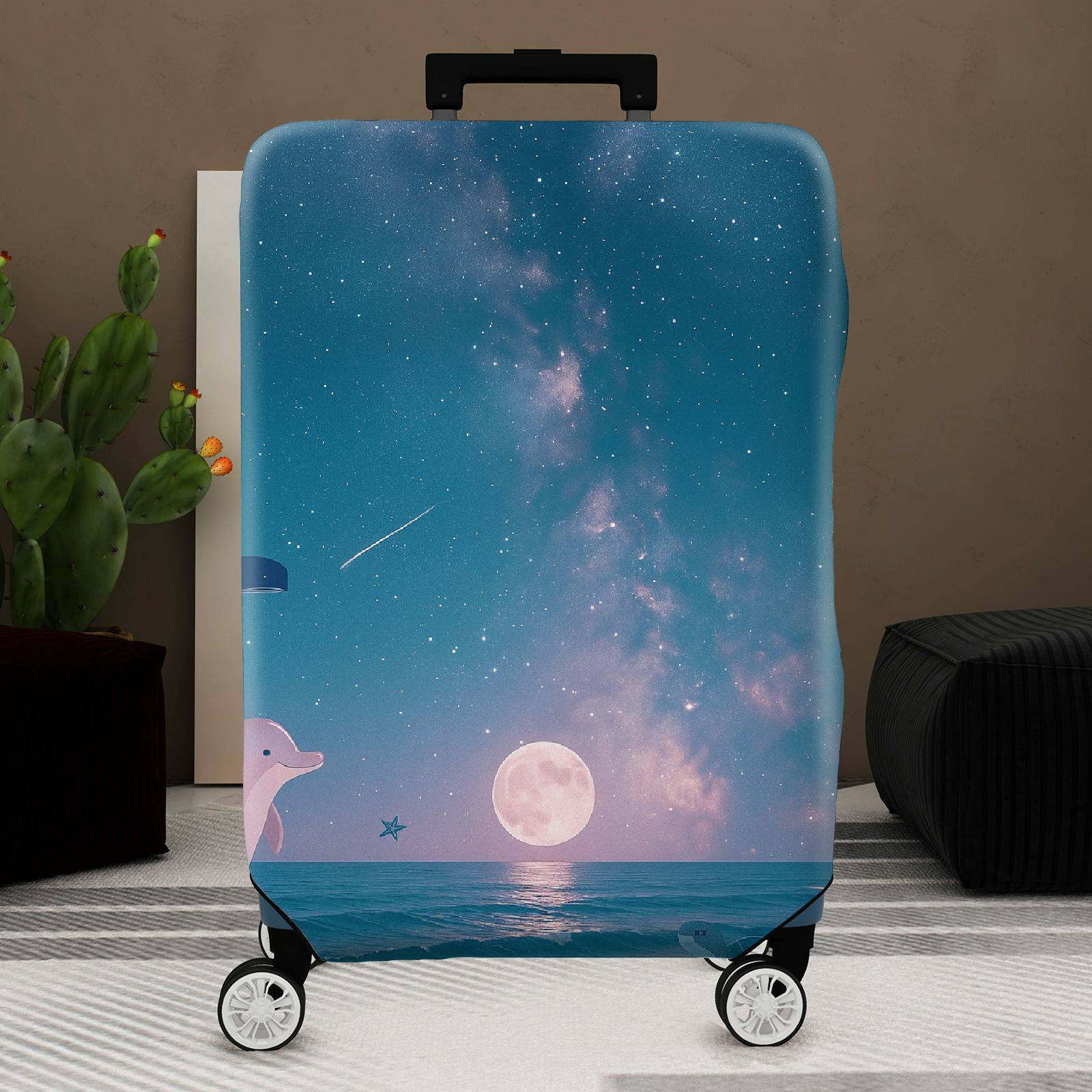 1-Piece Ocean Galaxy Dolphin Moon Night Sky Protector, Nautical theme, Holiday Suitable for  Suitcase Luggage Cover, Stretch Protective Sleeve