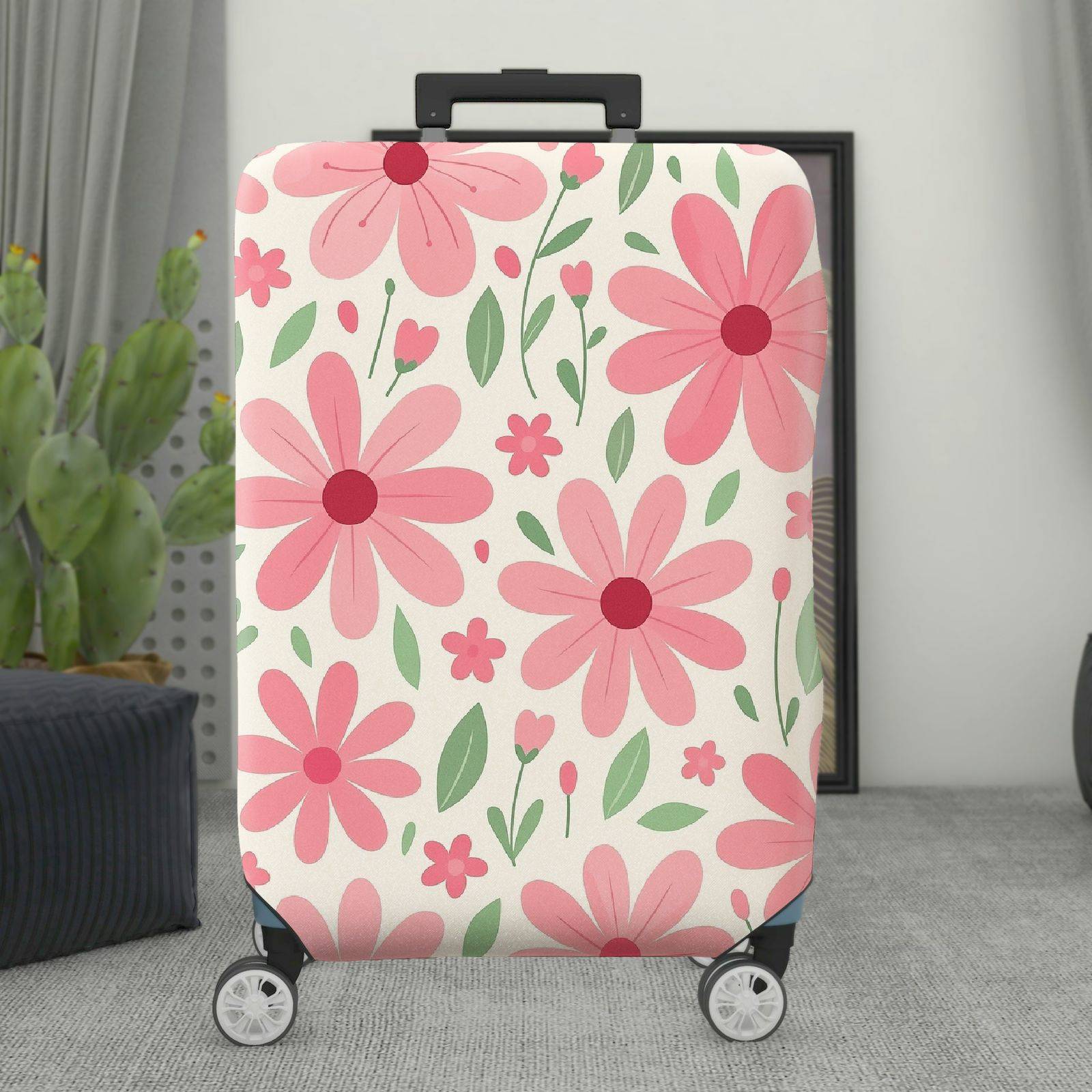 1-Piece Pink Floral Pattern Daisy Leaves Plant Spring  Suitcase Luggage Cover, Stretch Protective Sleeve