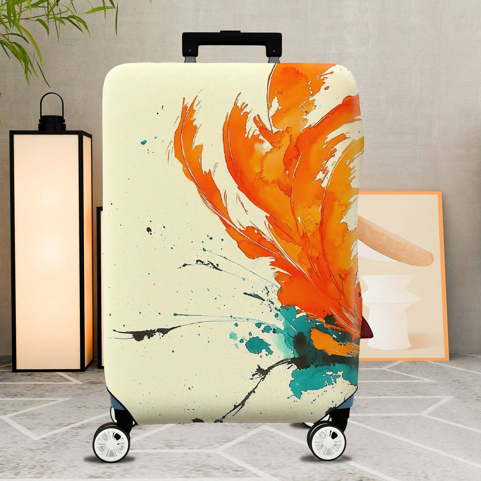 1-Piece Abstract Orange Feather Brush Colorful Splatter Art  Suitcase Luggage Cover, Stretch Protective Sleeve