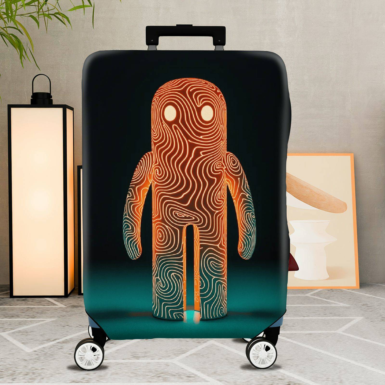 1-Piece Abstract Orange Line Art Figure Travel Business Graphic Mystical  Suitcase Luggage Cover, Stretch Protective Sleeve
