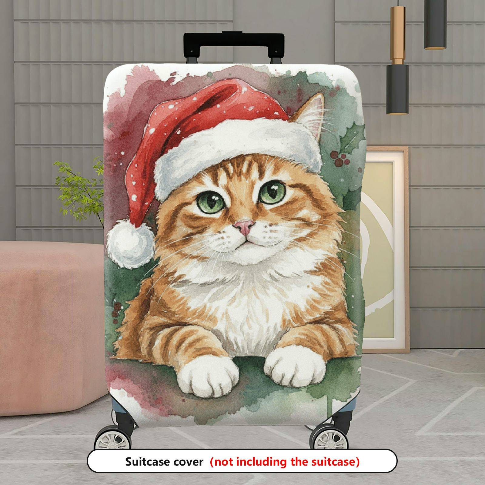 1-Piece Christmas Cat Santa Hat Watercolor Holiday  Suitcase Luggage Cover, Stretch Protective Sleeve