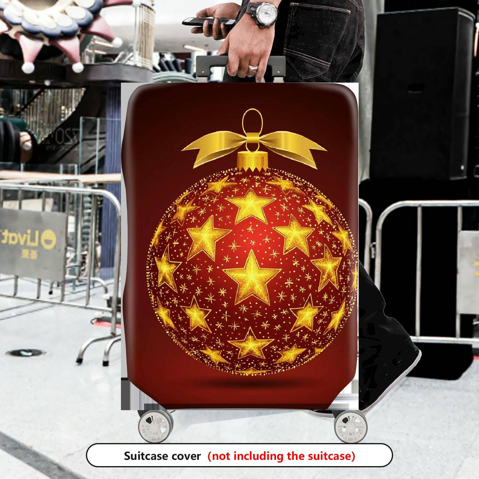 1-Piece Gold Star Ornament Christmas Bow Festive Holiday  Suitcase Luggage Cover, Stretch Protective Sleeve