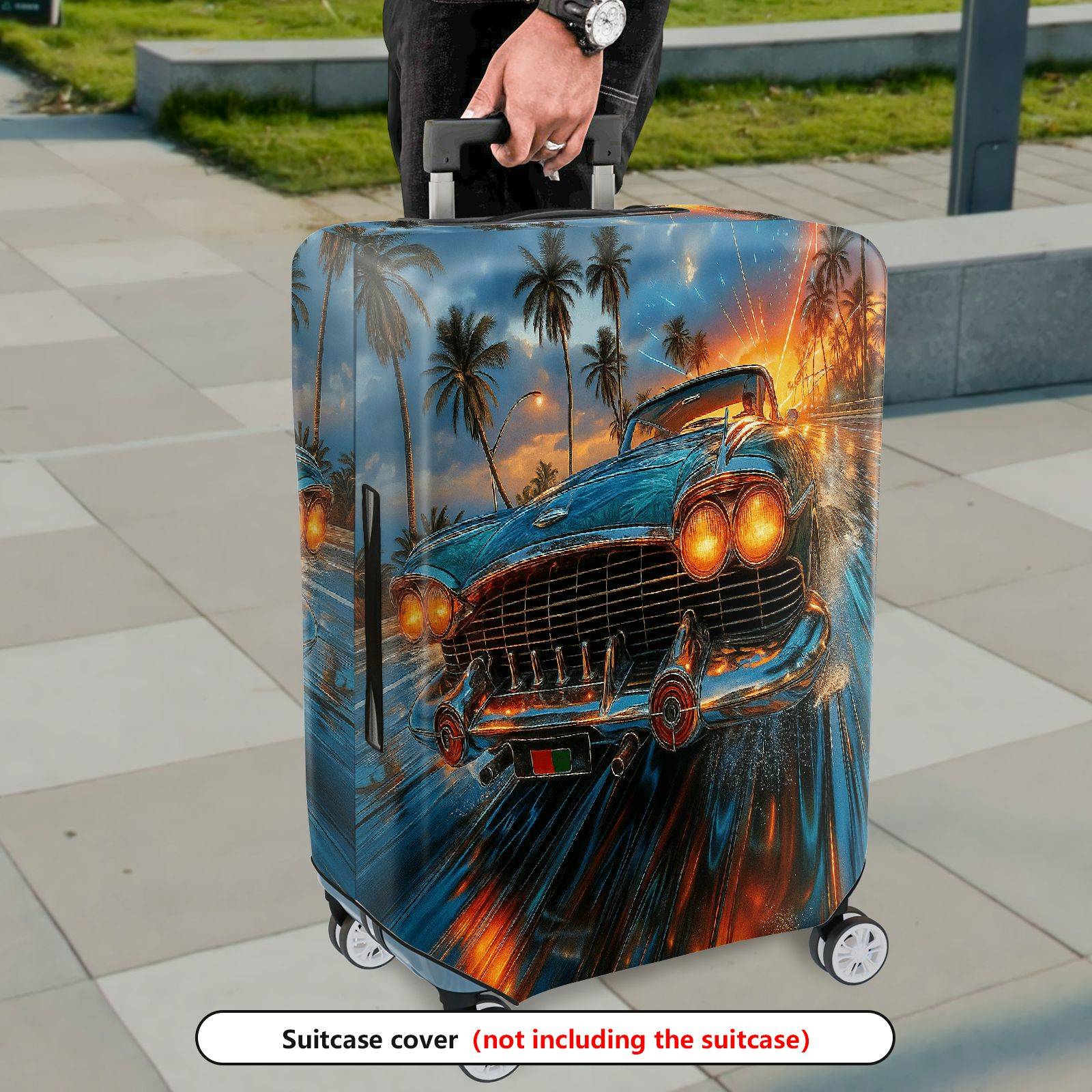 1-Piece Vintage Car Tropical Palm Sunset Fireworks Artistic  Suitcase Luggage Cover, Stretch Protective Sleeve