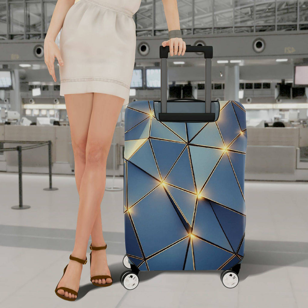 1-Piece Geometric Blue Gold Abstract Modern Stylish Artistic  Suitcase Luggage Cover, Stretch Protective Sleeve