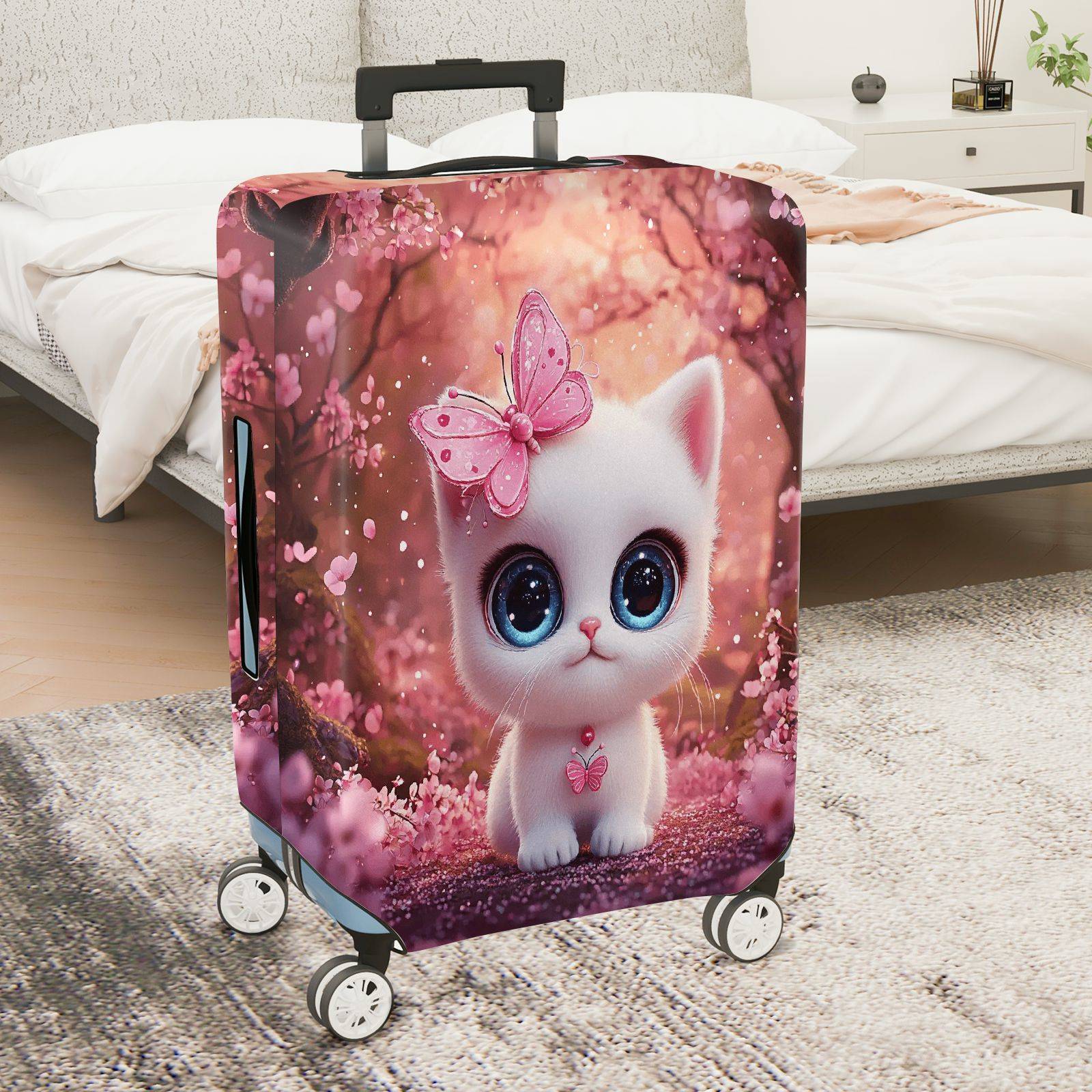 1-Piece Cute Kitten Butterfly Pink Floral Whimsical  Suitcase Luggage Cover, Stretch Protective Sleeve