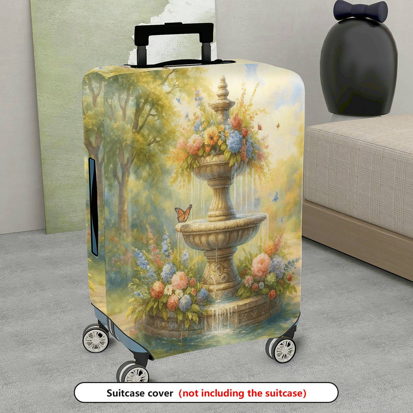 1-Piece Fountain Flower Butterfly Landscape Artistic  Suitcase Luggage Cover, Stretch Protective Sleeve