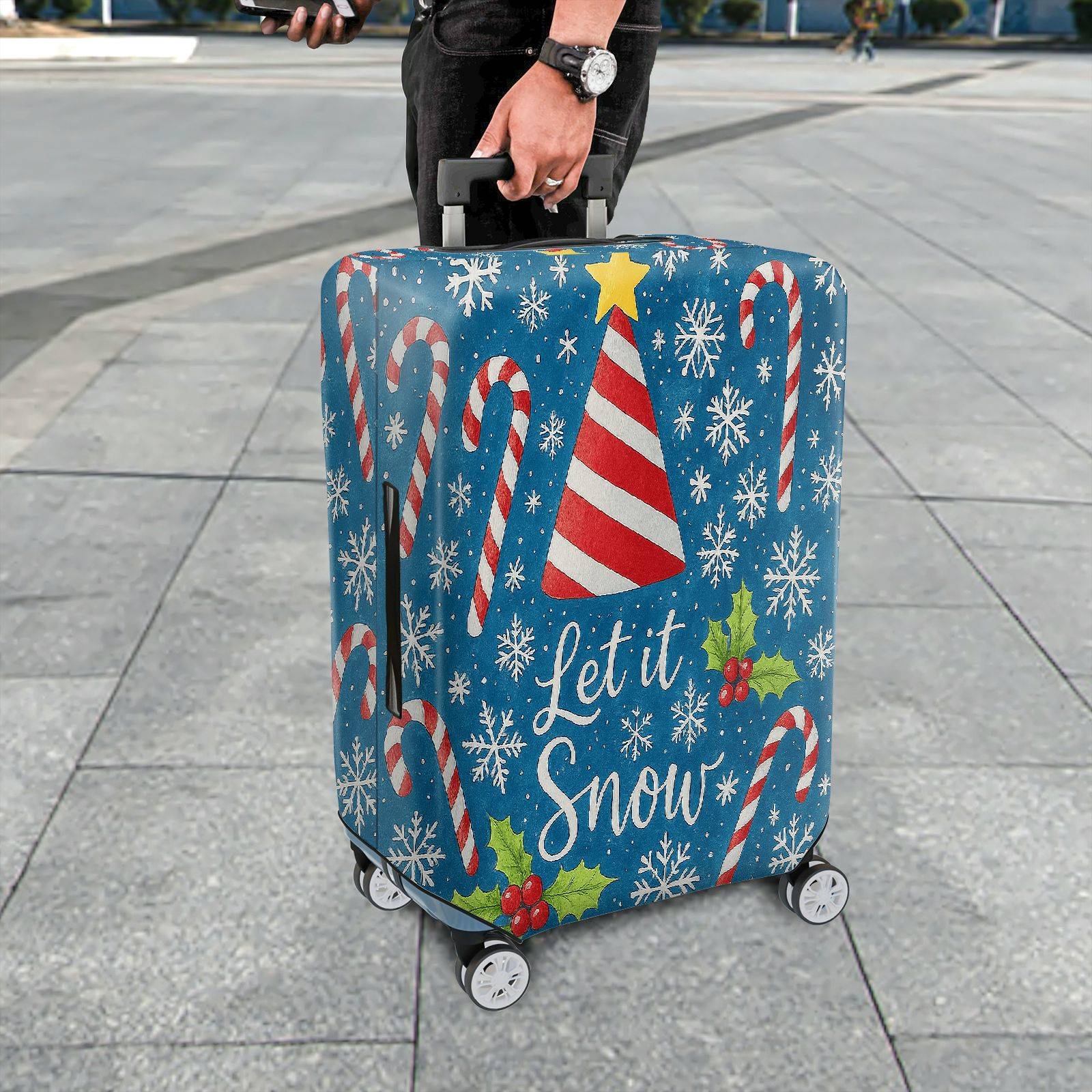 1-Piece Christmas Holiday Candy Cane Snowflake Holly Blue  Suitcase Luggage Cover, Stretch Protective Sleeve