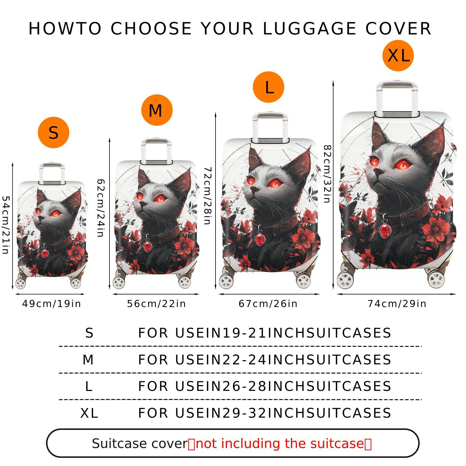 1-Piece Black Cat Red Eyes Floral Gothic Art  Suitcase Luggage Cover, Stretch Protective Sleeve