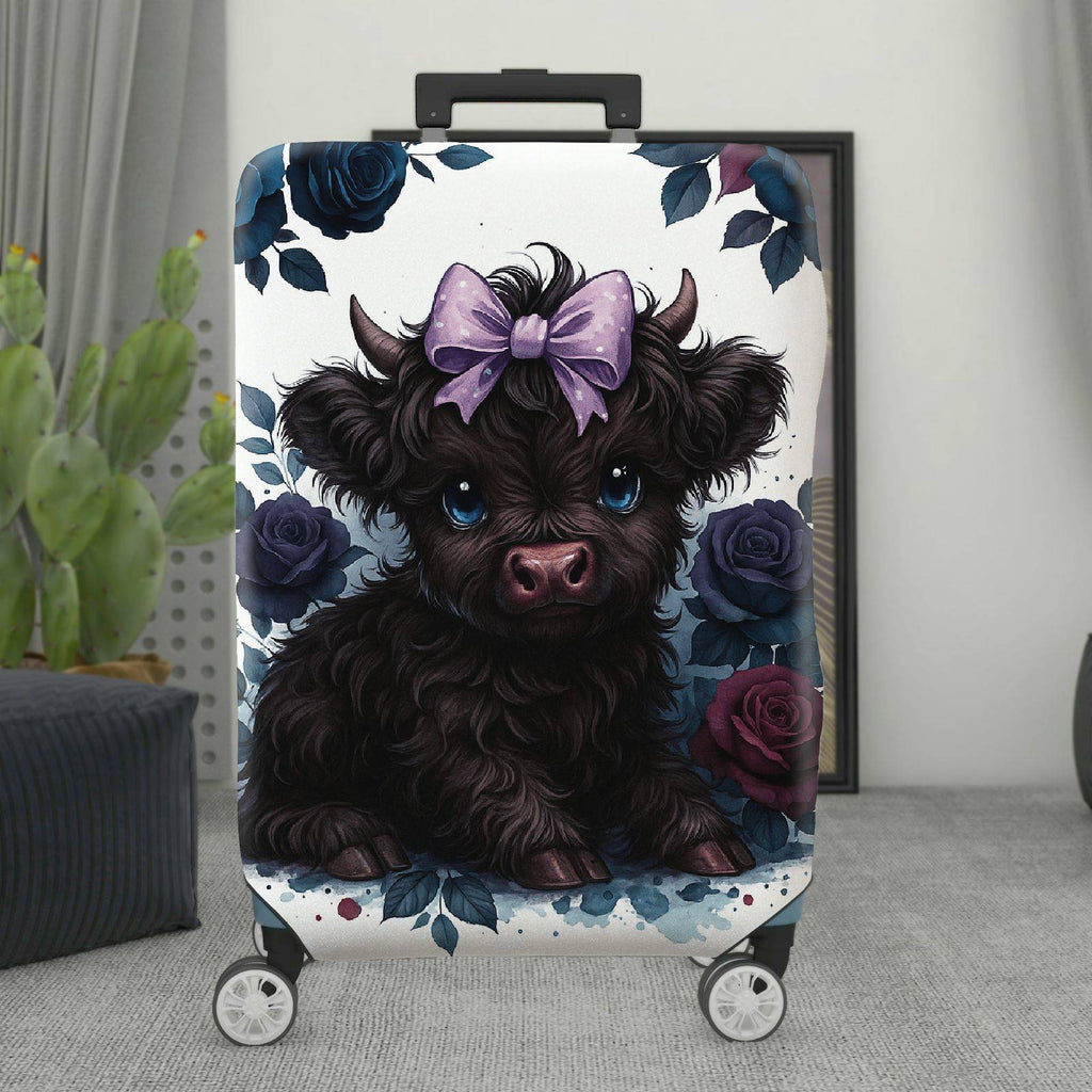 1-Piece Cute Black Highland Cow Floral Bow Travel  Suitcase Luggage Cover, Stretch Protective Sleeve