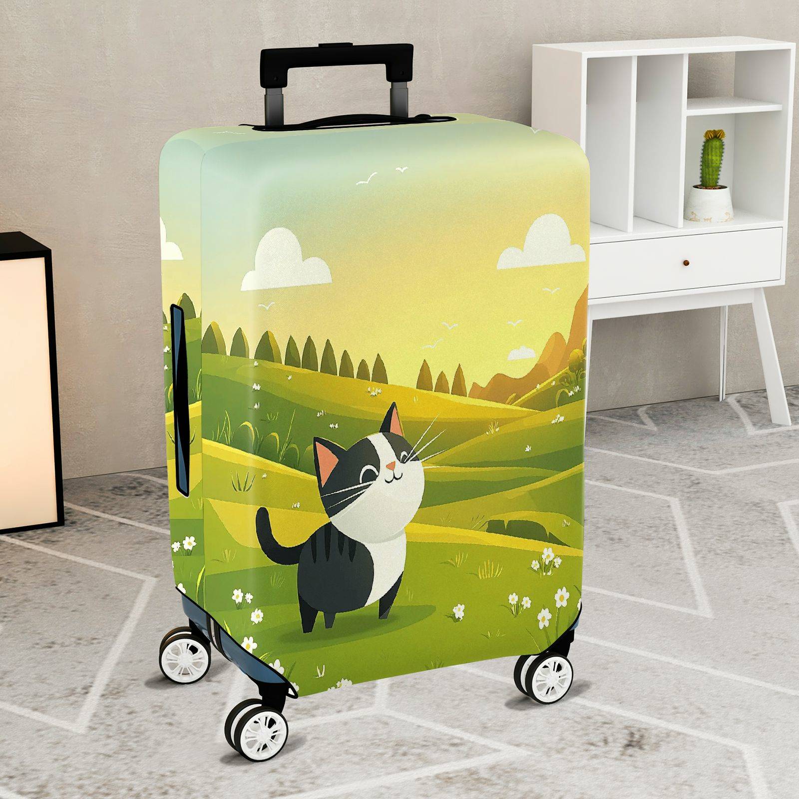1-Piece Cute Cat Green Landscape  Animal  Suitcase Luggage Cover, Stretch Protective Sleeve