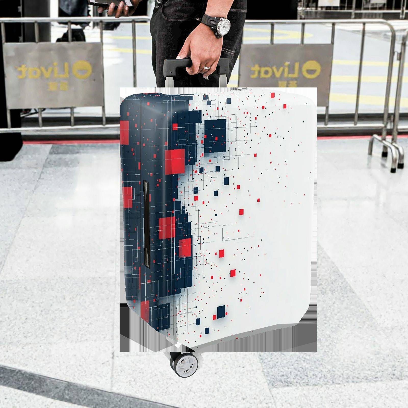 1-Piece Abstract Geometric Red Blue Tech Modern Digital  Suitcase Luggage Cover, Stretch Protective Sleeve