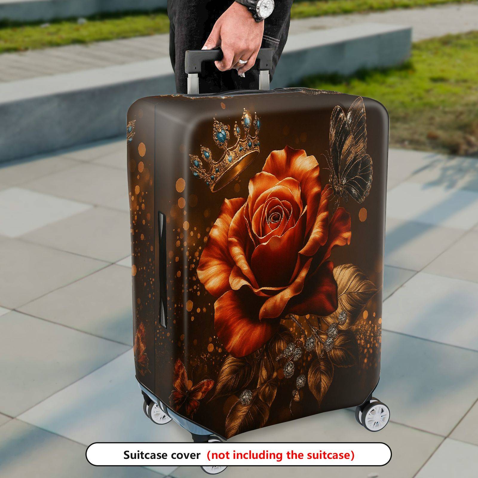 1-Piece Crown Rose Butterfly Floral Luxury Sparkling  Suitcase Luggage Cover, Stretch Protective Sleeve