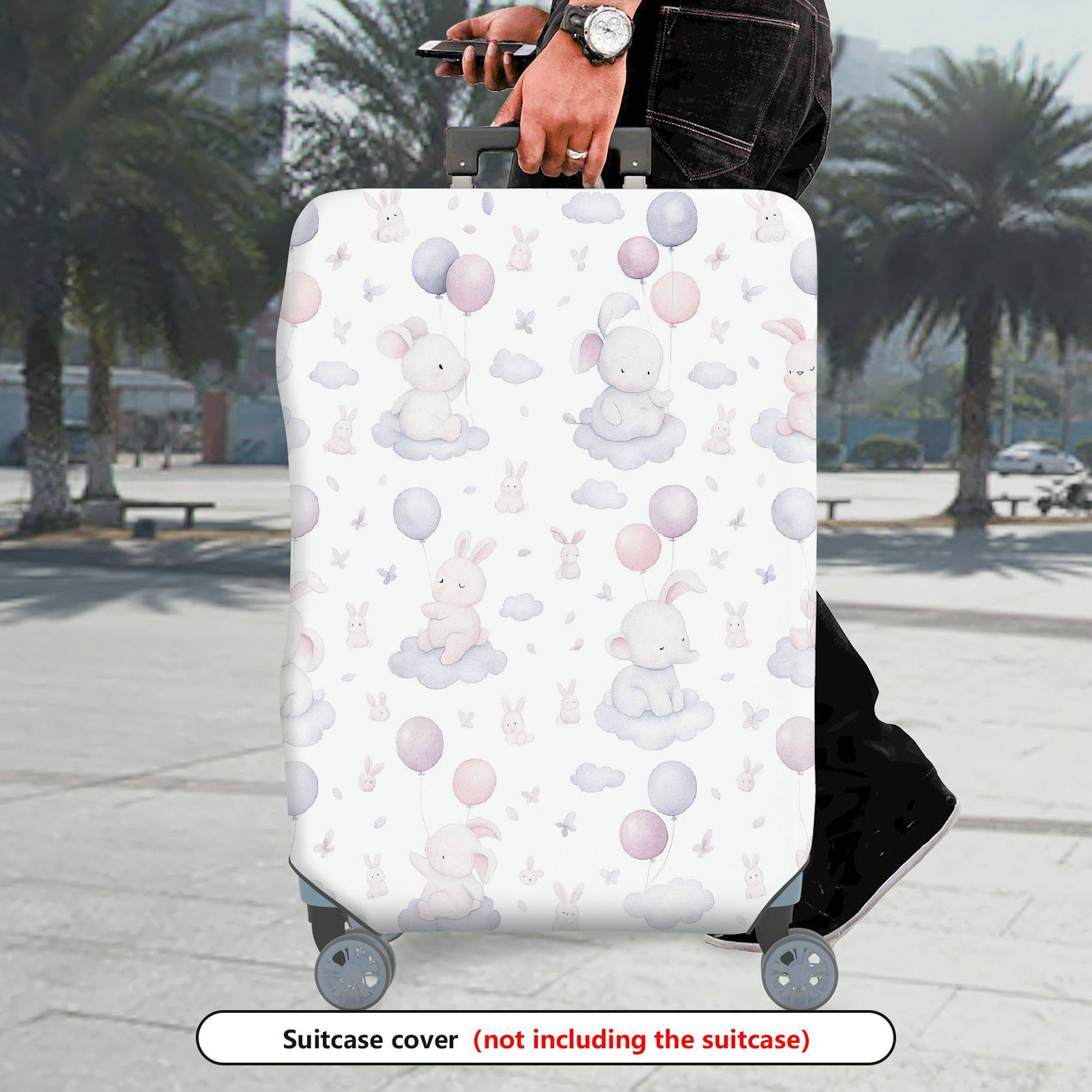 1-Piece Cute Rabbit Balloon Cloud Pastel Travel  Suitcase Luggage Cover, Stretch Protective Sleeve
