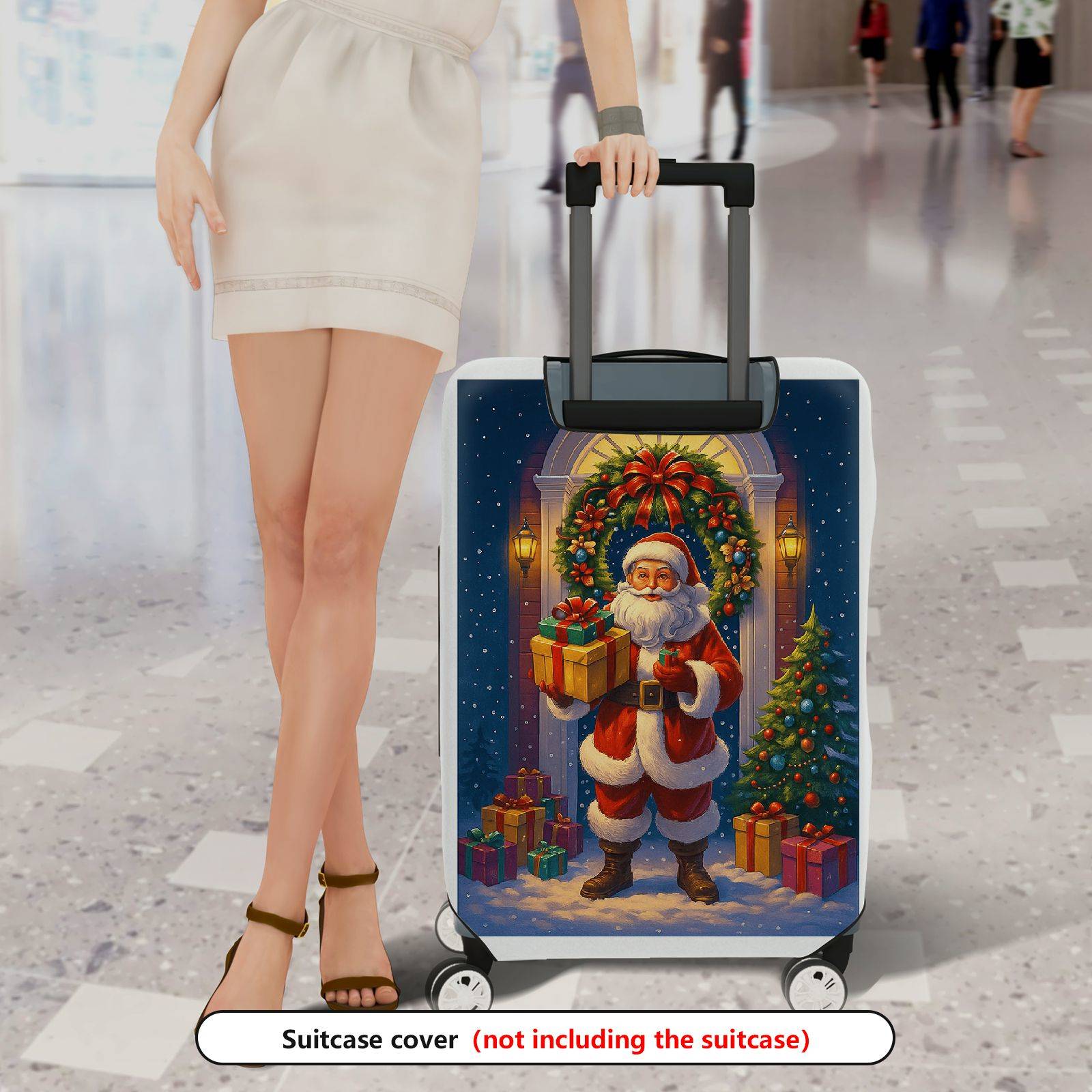 1-Piece Santa Claus Christmas Holiday Festive Winter Cheer  Suitcase Luggage Cover, Stretch Protective Sleeve