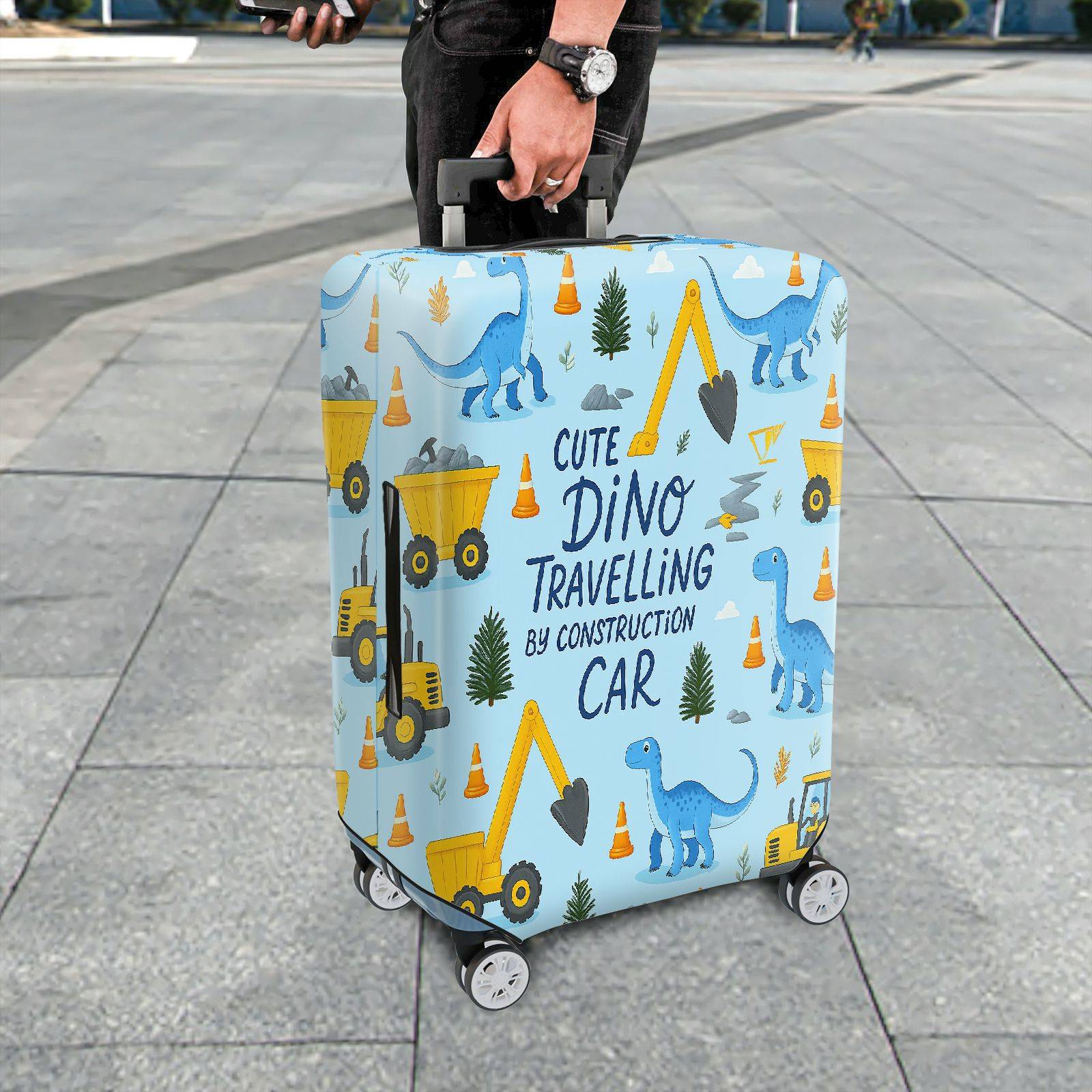 1-Piece Cute Dino Construction Car Travel Holiday Fun  Suitcase Luggage Cover, Stretch Protective Sleeve
