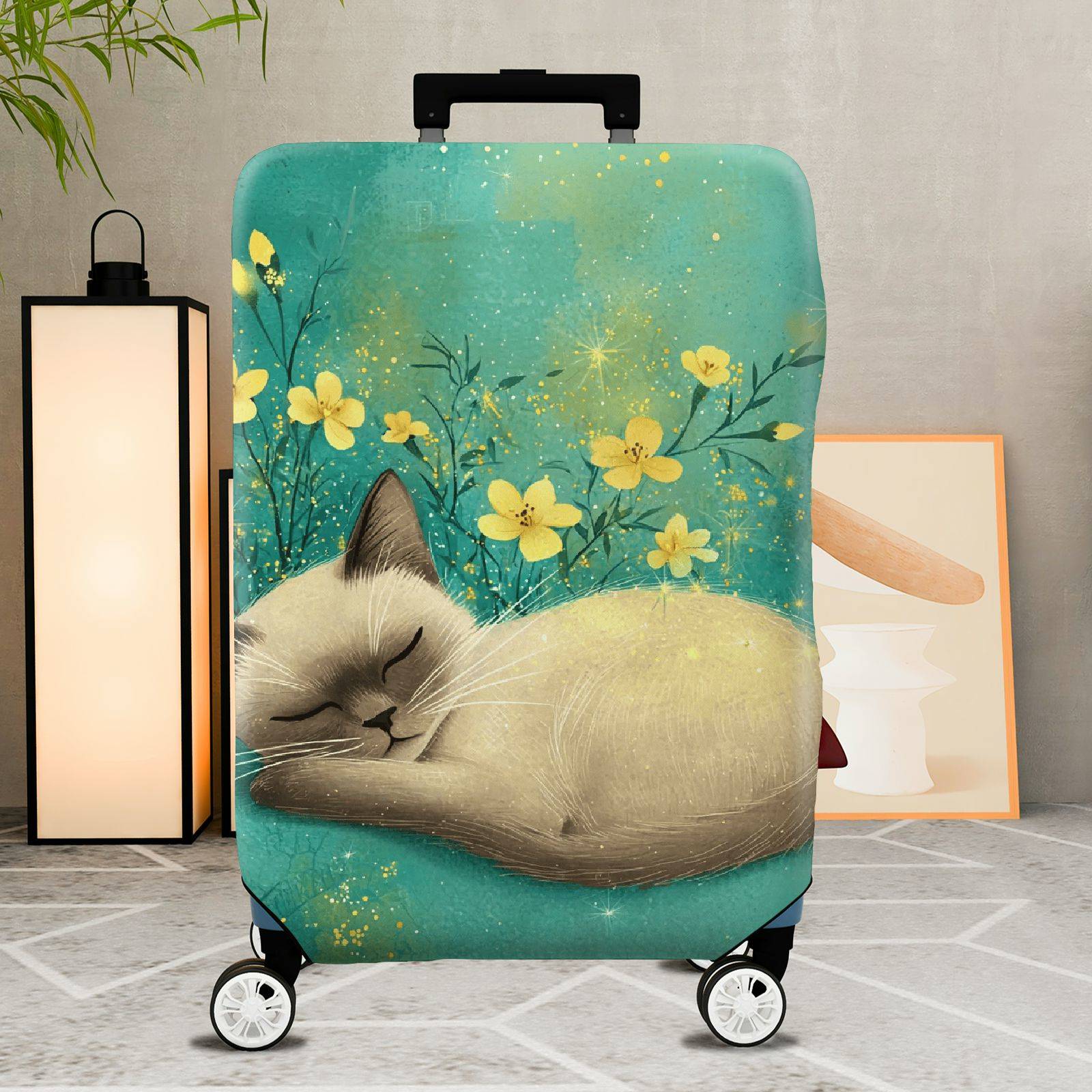 1-Piece Cute Floral Sleeping Cat Nature Artful  Suitcase Luggage Cover, Stretch Protective Sleeve