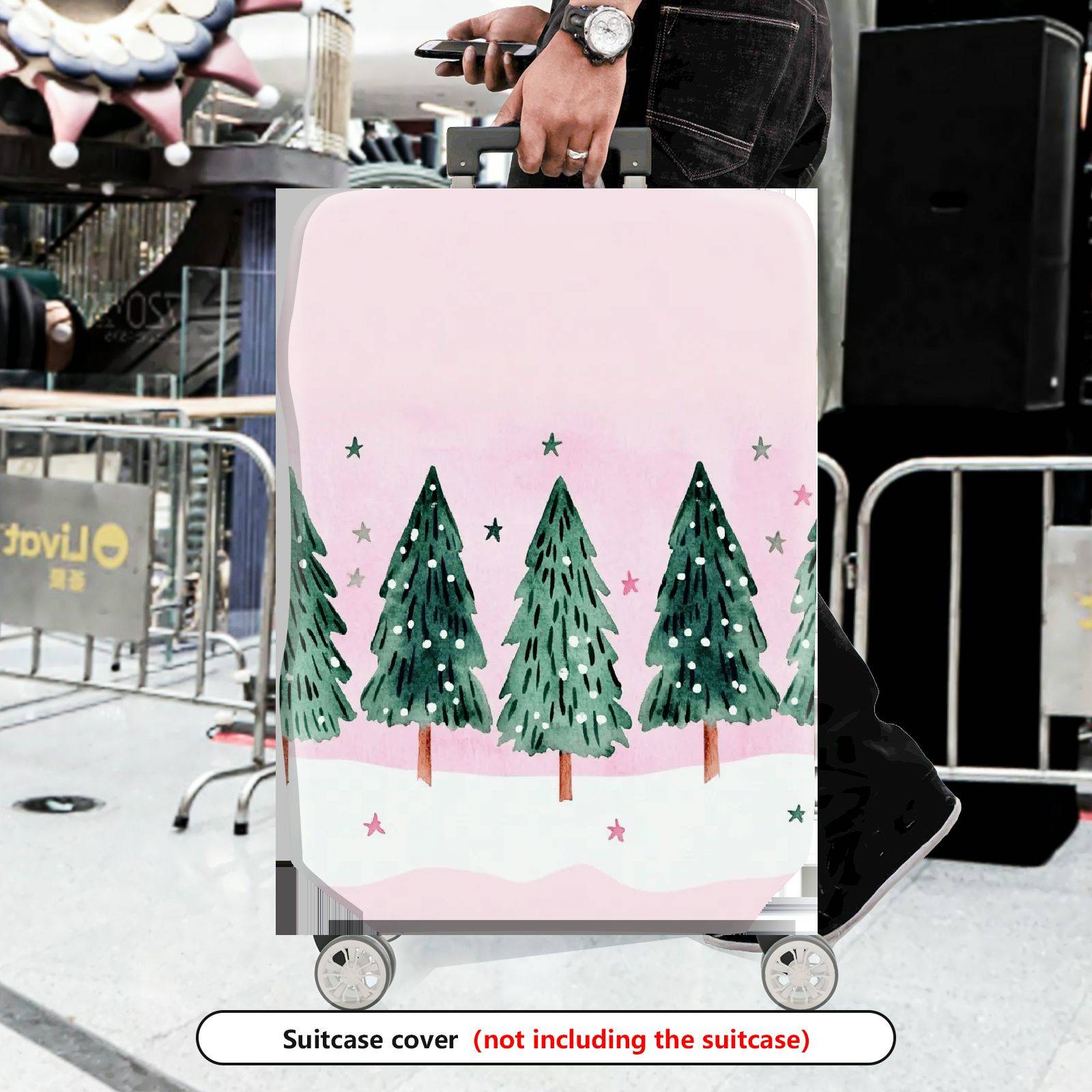 1-Piece Christmas Tree Snow Stars Pink Green Winter Holiday  Suitcase Luggage Cover, Stretch Protective Sleeve
