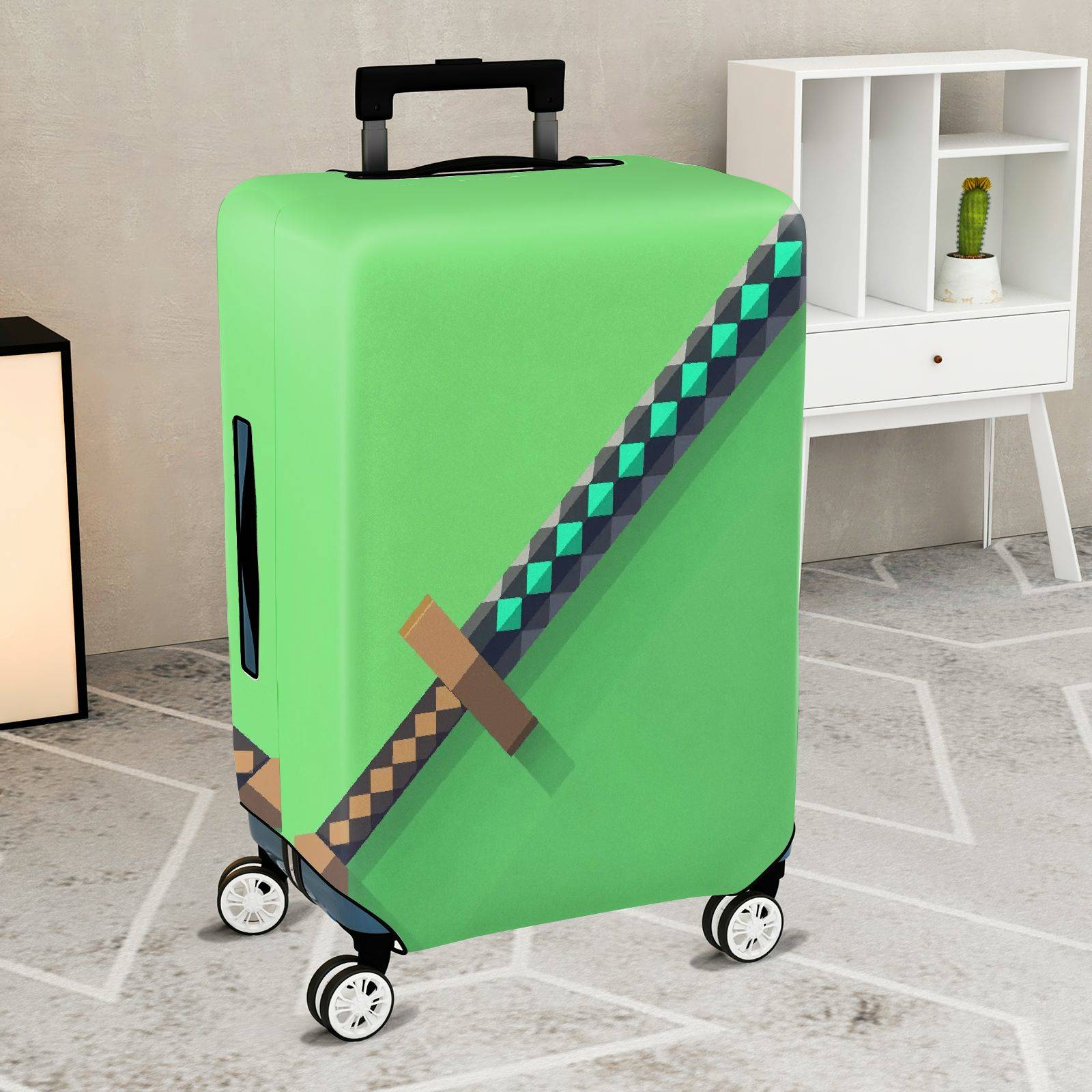 1-Piece Gaming Sword Pixel Art Green Block Geometric Fun  Suitcase Luggage Cover, Stretch Protective Sleeve