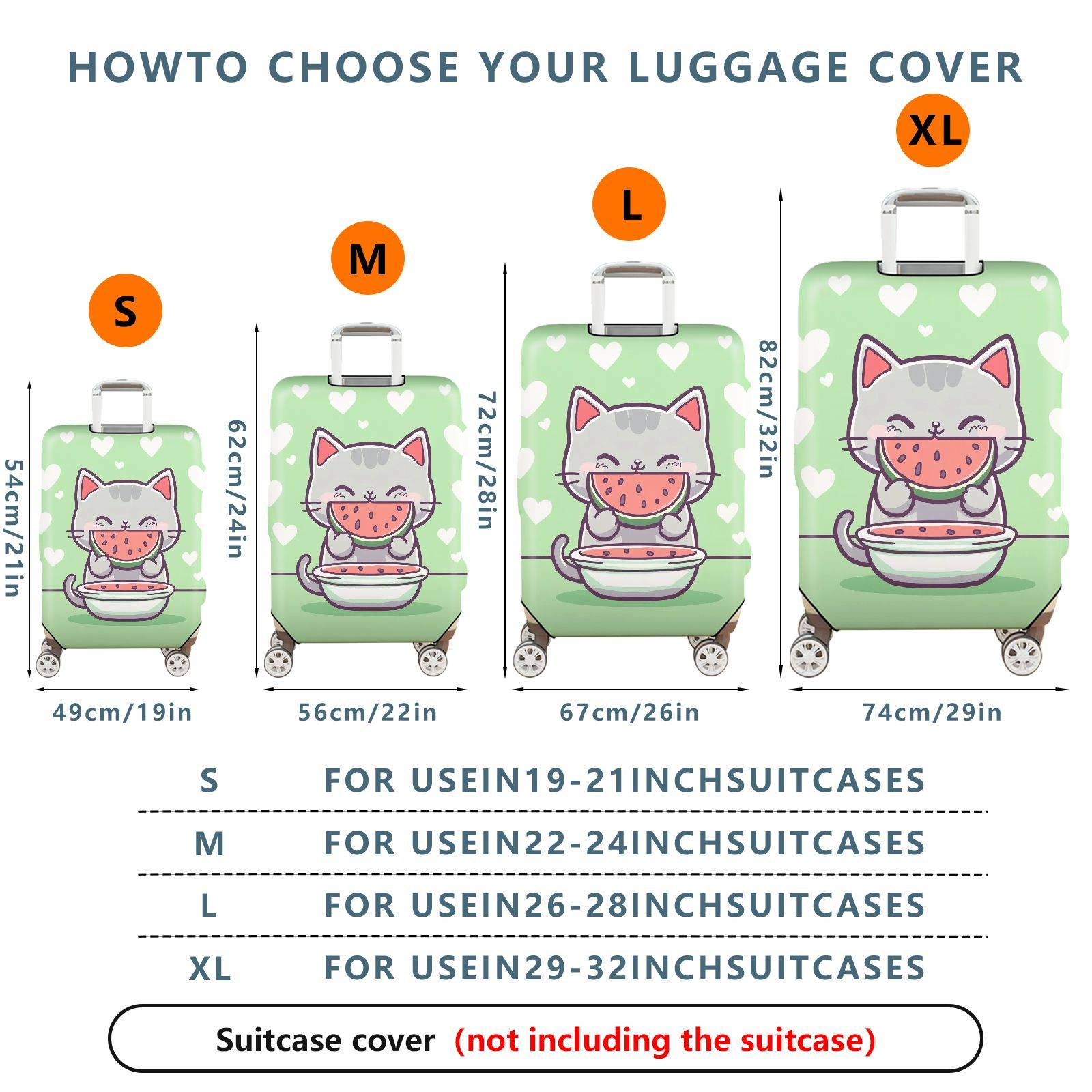 1-Piece Cute Cat Watermelon Heart Green Fun  Suitcase Luggage Cover, Stretch Protective Sleeve