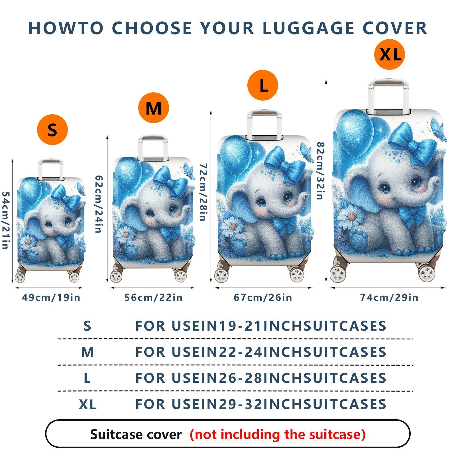 1-Piece Cute Blue Elephant Balloon Floral Bow Butterfly  Suitcase Luggage Cover, Stretch Protective Sleeve
