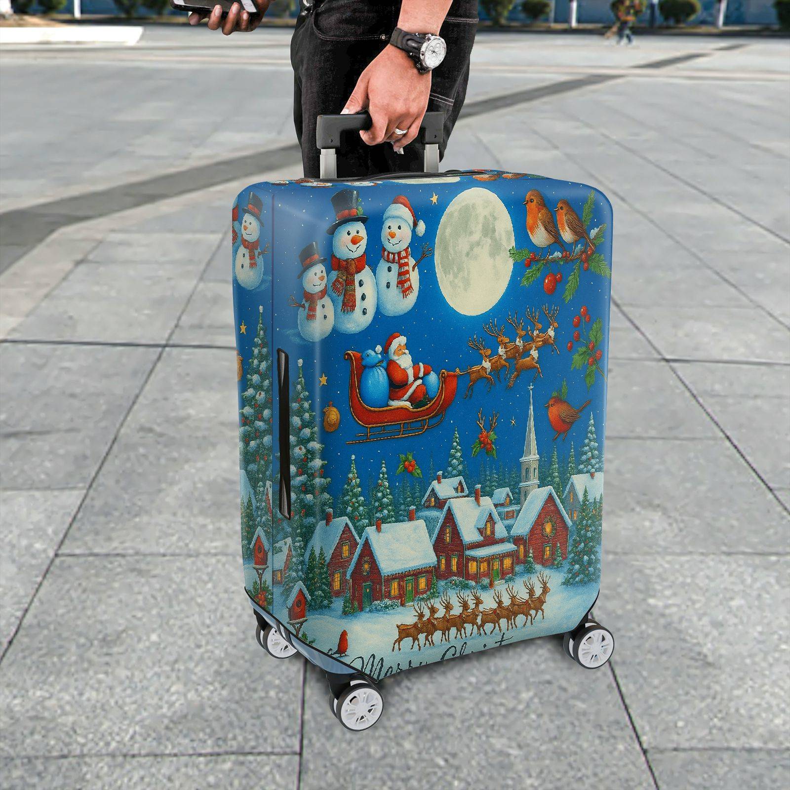 1-Piece Christmas Winter Santa Snowman Reindeer Holiday  Suitcase Luggage Cover, Stretch Protective Sleeve