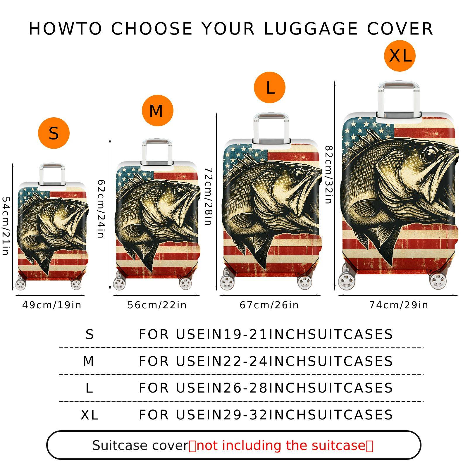 1-Piece American Flag Fish Patriotic Vintage Travel  Suitcase Luggage Cover, Stretch Protective Sleeve