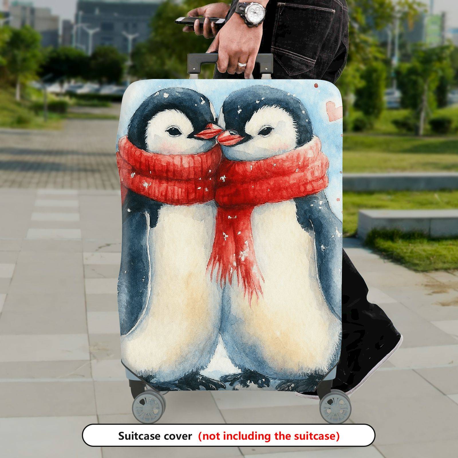 1-Piece Penguin Love Winter Christmas Holiday Valentine  Suitcase Luggage Cover, Stretch Protective Sleeve