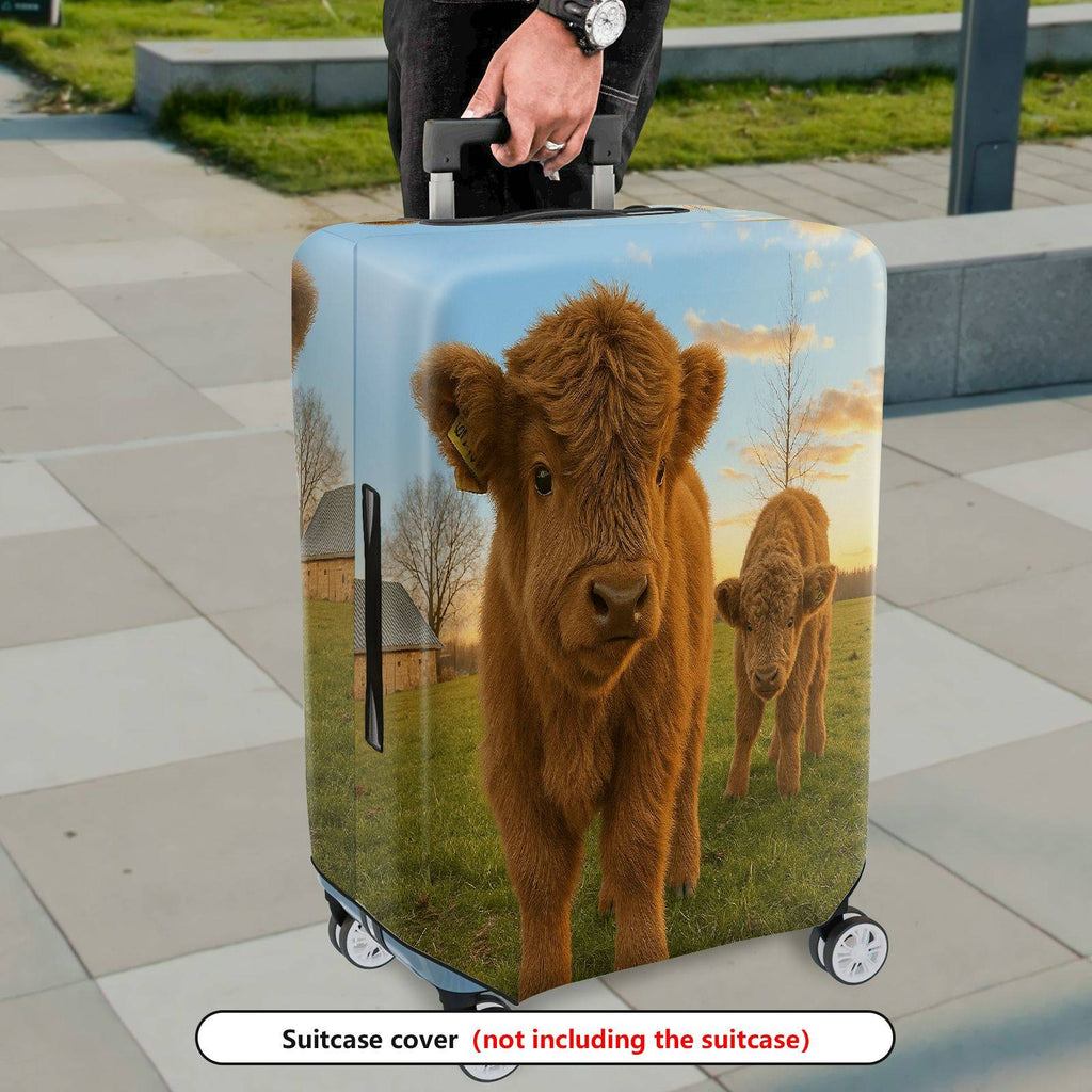 1-Piece Cute Cow Animal Pasture Sunset Scenic Country  Suitcase Luggage Cover, Stretch Protective Sleeve
