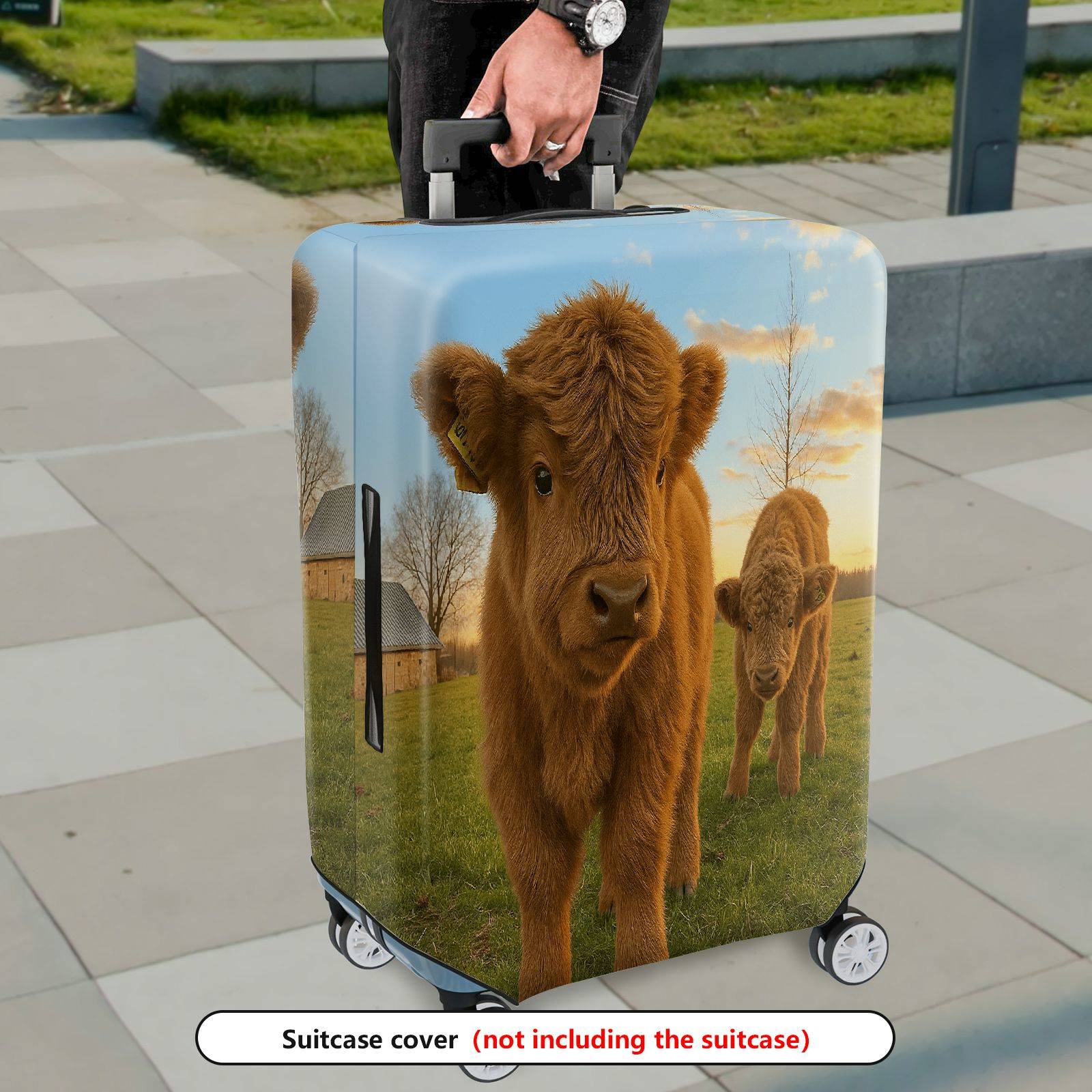 1-Piece Cute Cow Animal Pasture Sunset Scenic Country  Suitcase Luggage Cover, Stretch Protective Sleeve