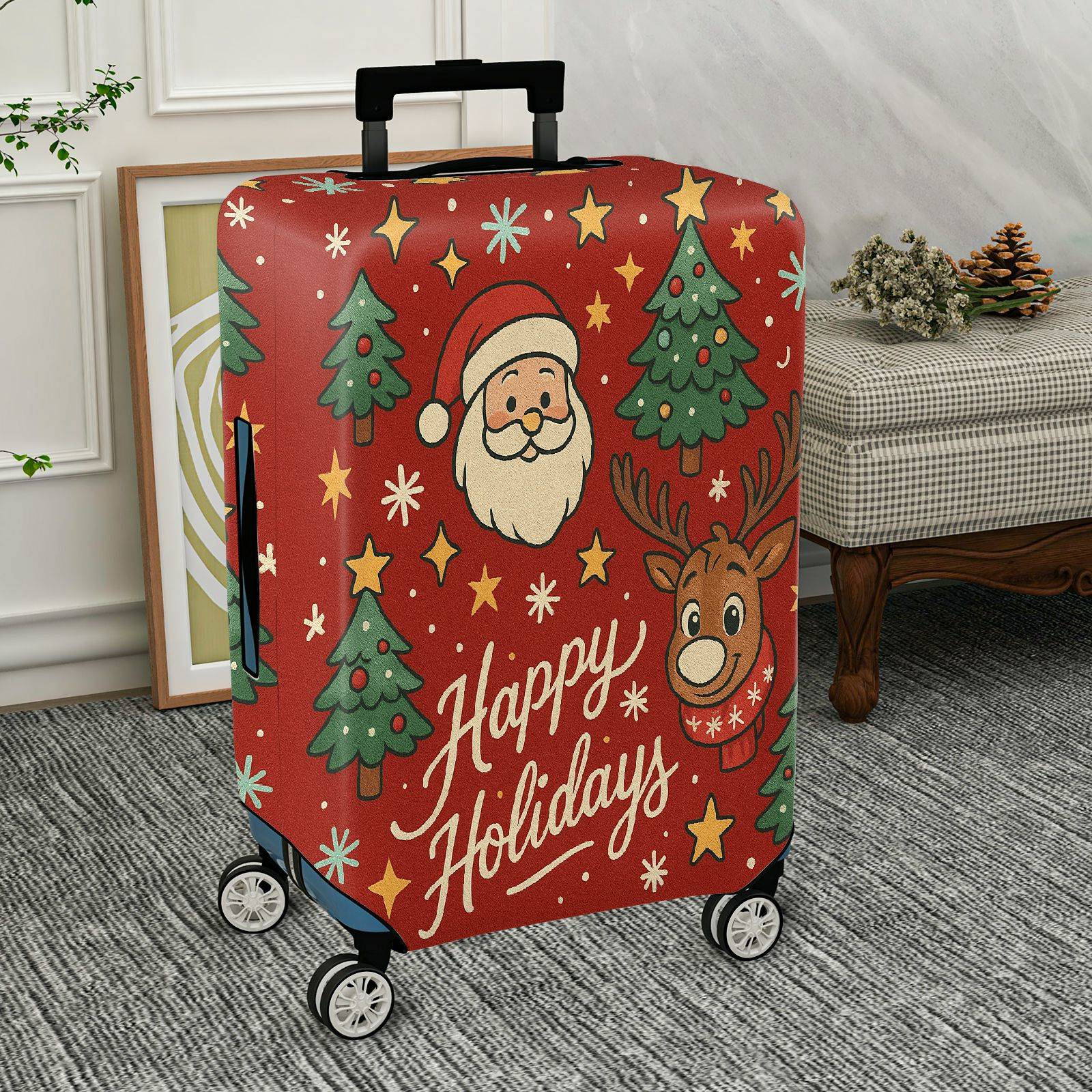 1-Piece Christmas Santa Reindeer Tree Stars Holidays  Suitcase Luggage Cover, Stretch Protective Sleeve