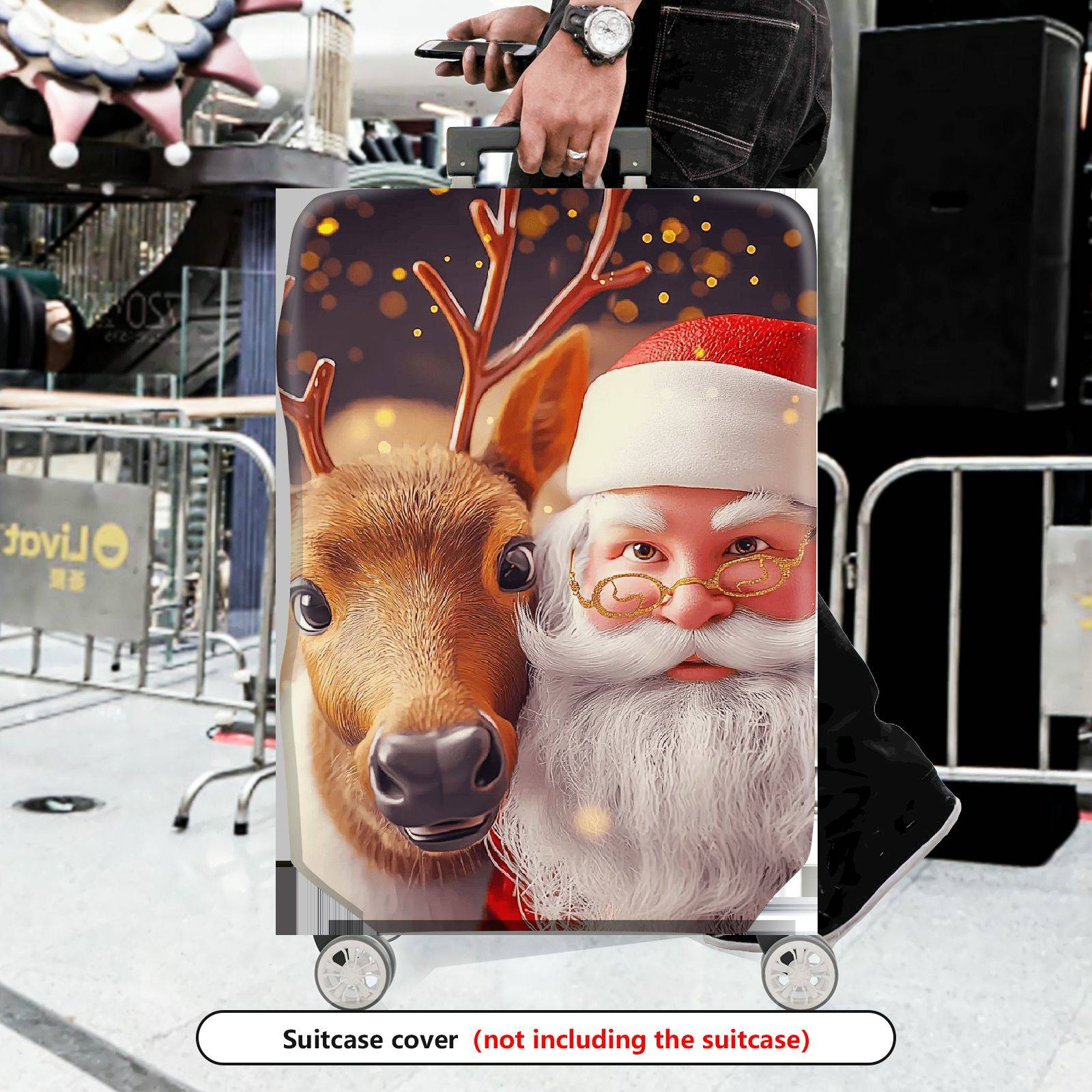 1-Piece Reindeer Santa Claus Christmas Holiday Festive  Suitcase Luggage Cover, Stretch Protective Sleeve