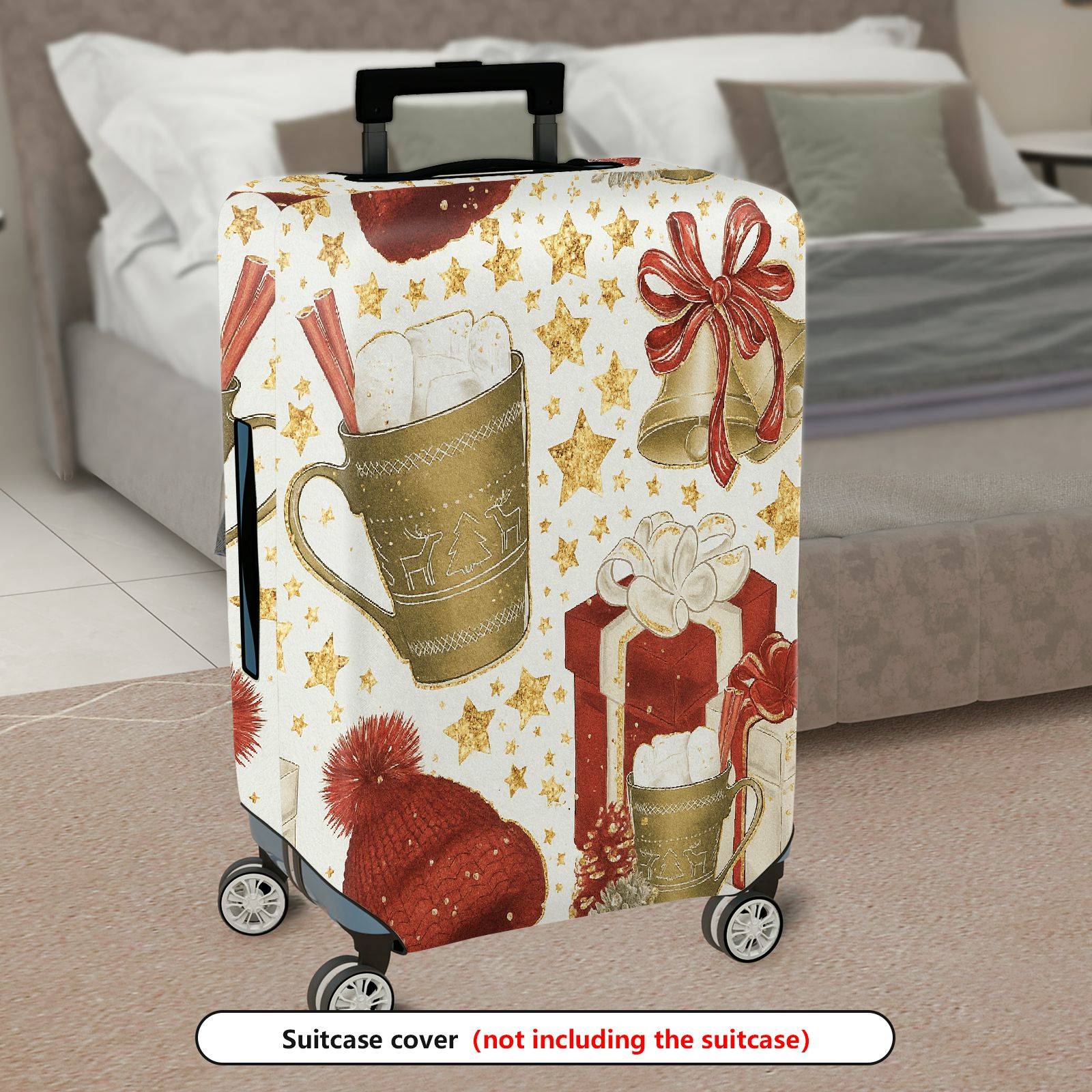 1-Piece Christmas Holiday Bell Gift Hot Chocolate Red Hat  Suitcase Luggage Cover, Stretch Protective Sleeve