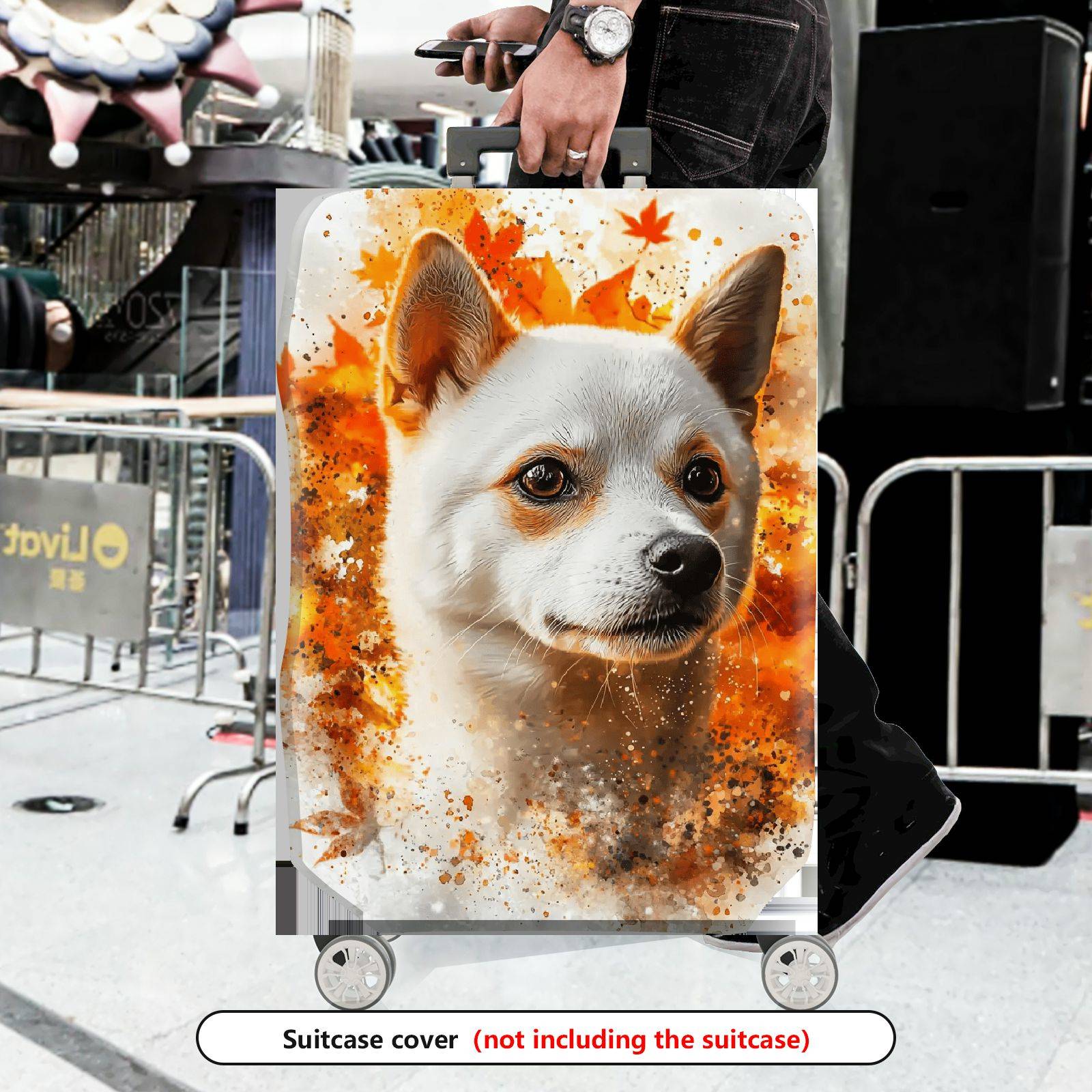 1-Piece Cute Dog Autumn Leaves Artistic Abstract Orange  Suitcase Luggage Cover, Stretch Protective Sleeve